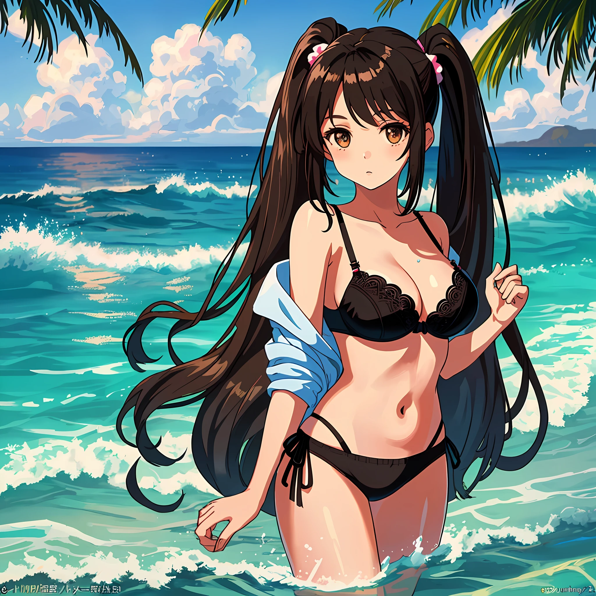 (masterpiece: 1.2, best quality), (finely detailed beautiful eyes: 1.2), a girl with twintail, brown eyes, black bra, beach, water, large breasts, age 20, black hair