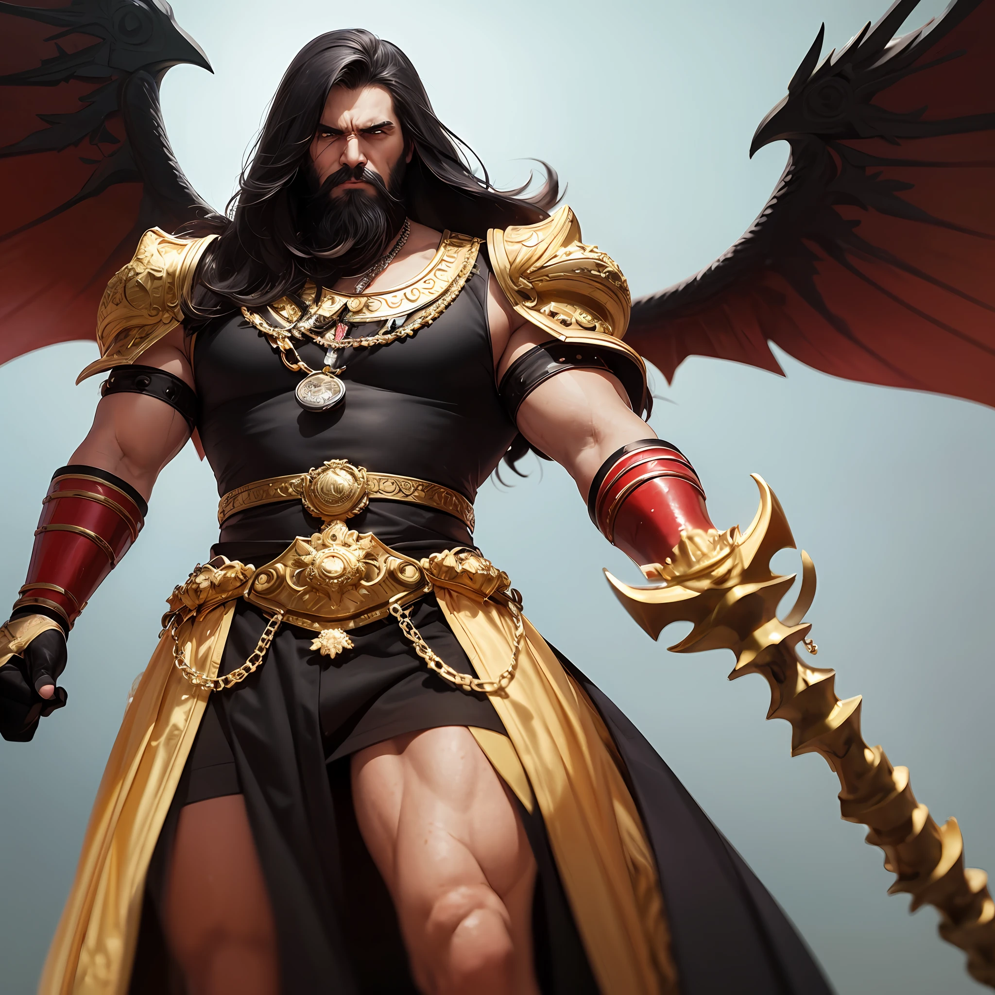 A man like Persian king Darius the Great, long black beard like Achaemenid Persian, Very long beards, angry, Cloudy sky, red royal crown with gold chains, real quality like game, 4k, very muscular body, long black hair, two big black wings, iron scepter in hand, angry and angry, like God, like Persian king Darius, his face like super villain , the weather is stormy and rainy, he looks at the sky, high quality --auto