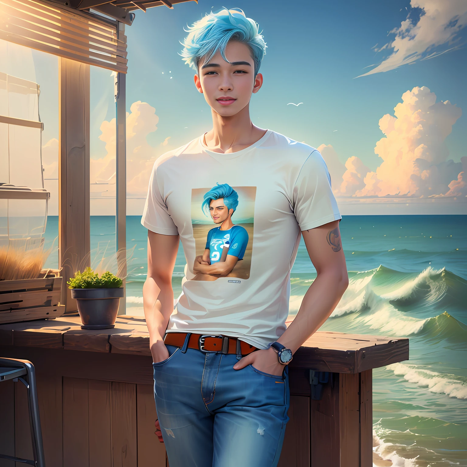 Create an image of a doll using the shirt of the fluminense showing joy, sympathy, happiness, ok on the beach of copacabana thank you