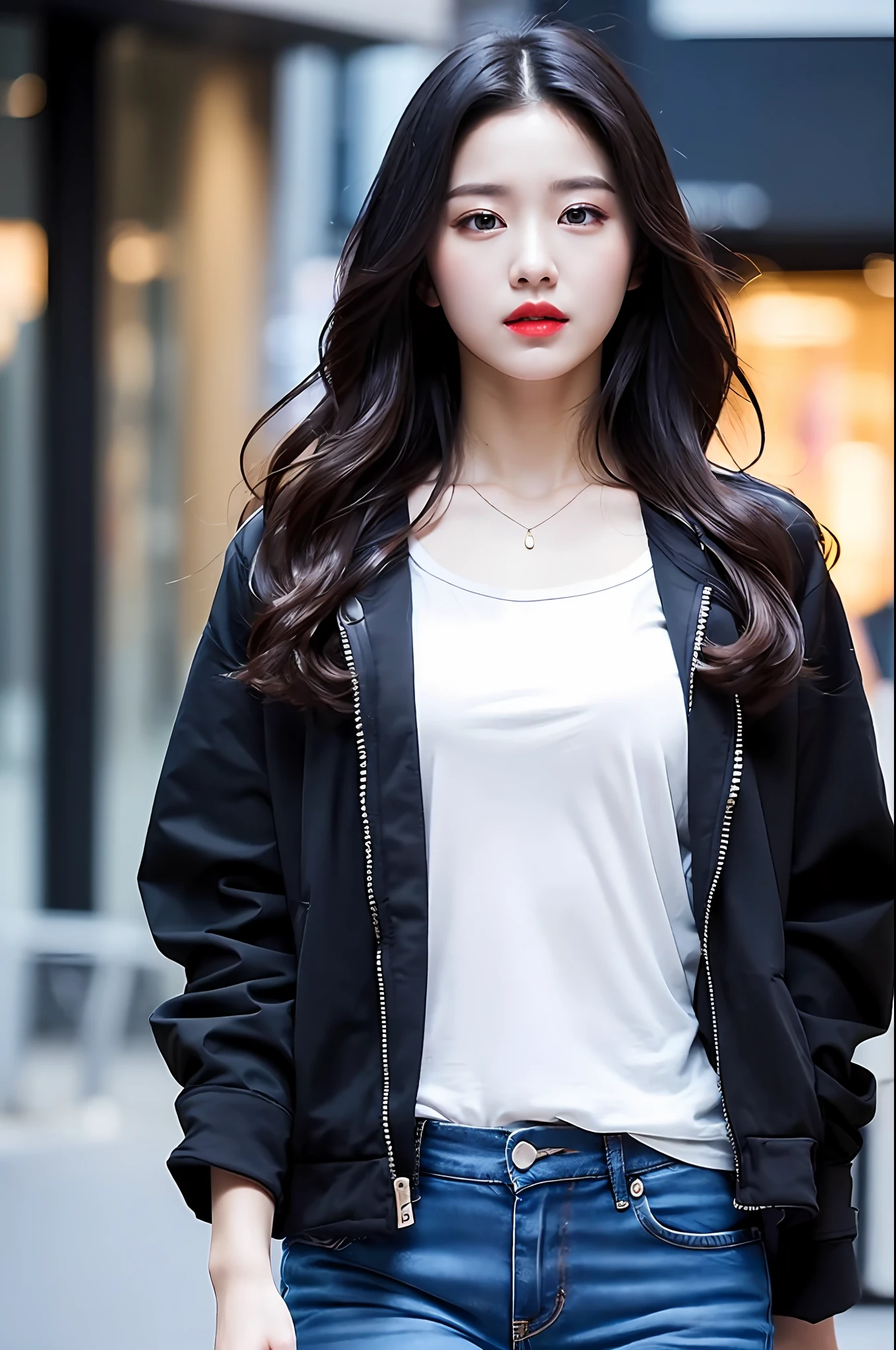 best quality, masterpiece, (photorealistic:1.5), (realskin:1.5), 1girl, black eyes, black hair, black jacket, red lips, long hair, jeans, background blur,