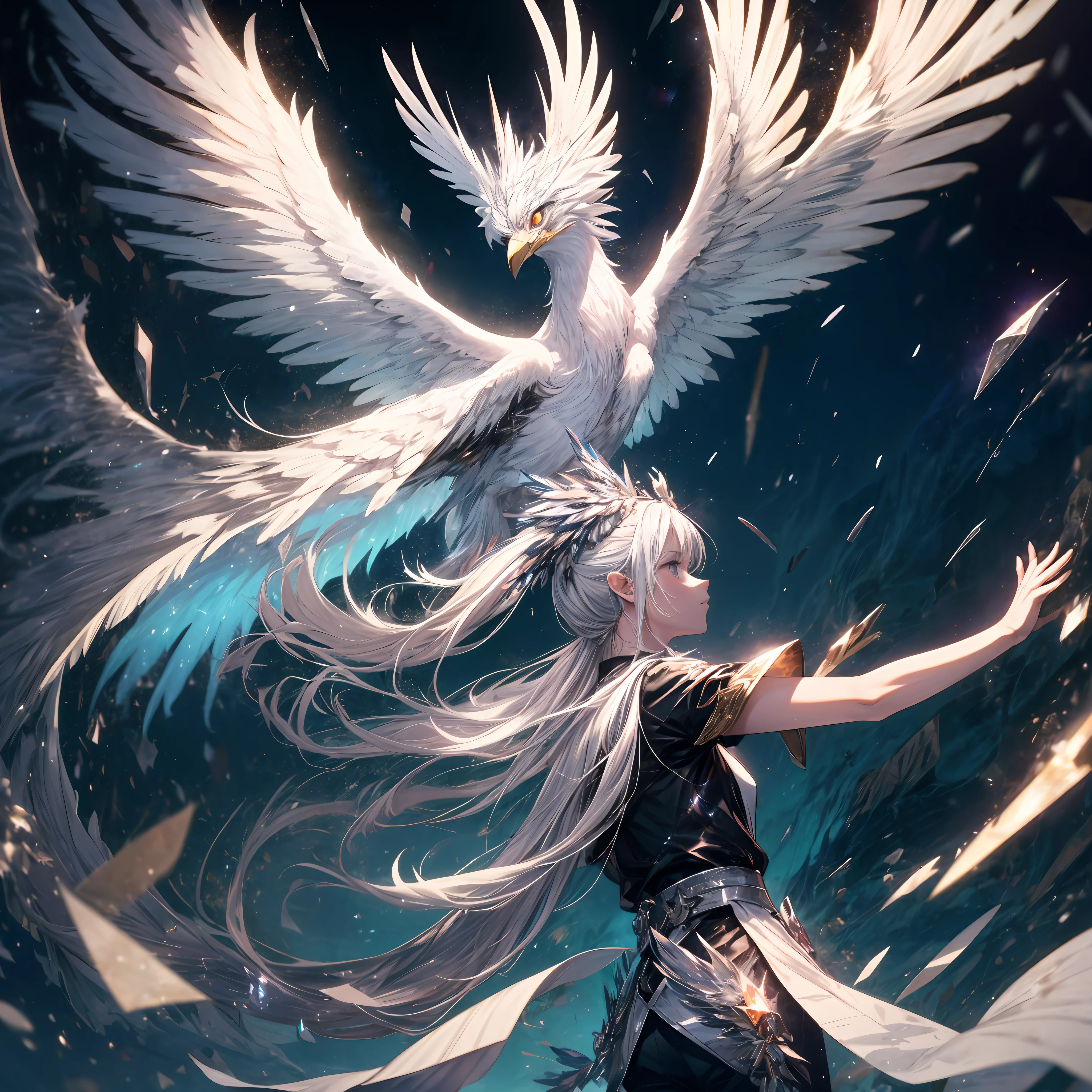 1boy, solo, In the depths of a starry night, a silver phoenix takes flight against the backdrop of a mystical landscape. Its wings, extended in a captivating display, glow with a mesmerizing iridescent silver glow. The feathers, which resemble shards of celestial silver, emit a magical and mysterious aura. The phoenix's body is engulfed by ethereal silver flames, casting a soft luminosity that creates a mesmerizing contrast against the dark, star-studded sky. His eyes, radiating an intensely wise glow, seem to unlock the cosmic secrets of the universe.
In this enchanting scene, the silver phoenix represents the eternal cycle of rebirth and transformation. His gracious presence embodies the power to overcome adversity and emerge stronger, symbolizing the indomitable spirit of resilience. As the phoenix flies through the celestial expanse, it illuminates the night with its silver glow, inviting others to embrace their own inner strength and embark on their journey of personal evolution.
Let this captivating image of the silver phoenix inspire your imagination and ignite the flames of your own transformative potential. Embrace the magic within you and let your spirit soar among the stars, guided by the timeless wisdom of the radiant silver gaze of the phoenix.