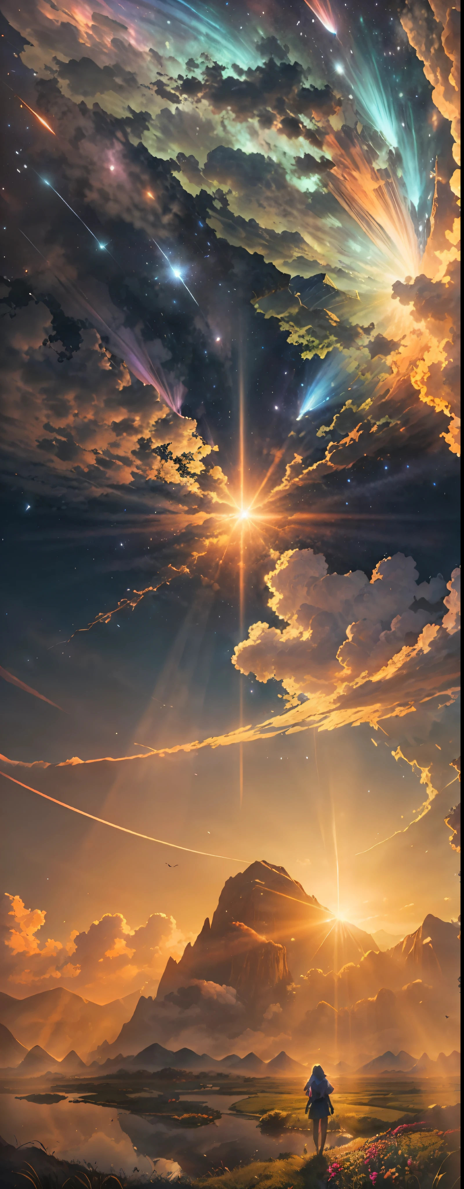 Vast landscape photos, (from below, sky above, open field below), a girl standing on a flower field looking up, (Full Moon: 1.1), (Meteor: 0.9), (Nebula: 1.3), Far Mountains, Trees BREAK Making Art, (Warm Light Source: 1.2), (Firefly: 1.2), Lamps, Lots of Purple and Orange, Intricate Detail, Volumetric Lighting, Realism BREAK (Masterpiece: 1.2), (Best Quality), 4K, Ultra-Detailed, (Dynamic Composition: 1.4), Very Detailed, Colorful Detail, (Rainbow Color: 1.2), (Glow Illumination, Atmospheric Illumination), Dreamy, Fantastic, (Solo: 1.2), Short Skirt,