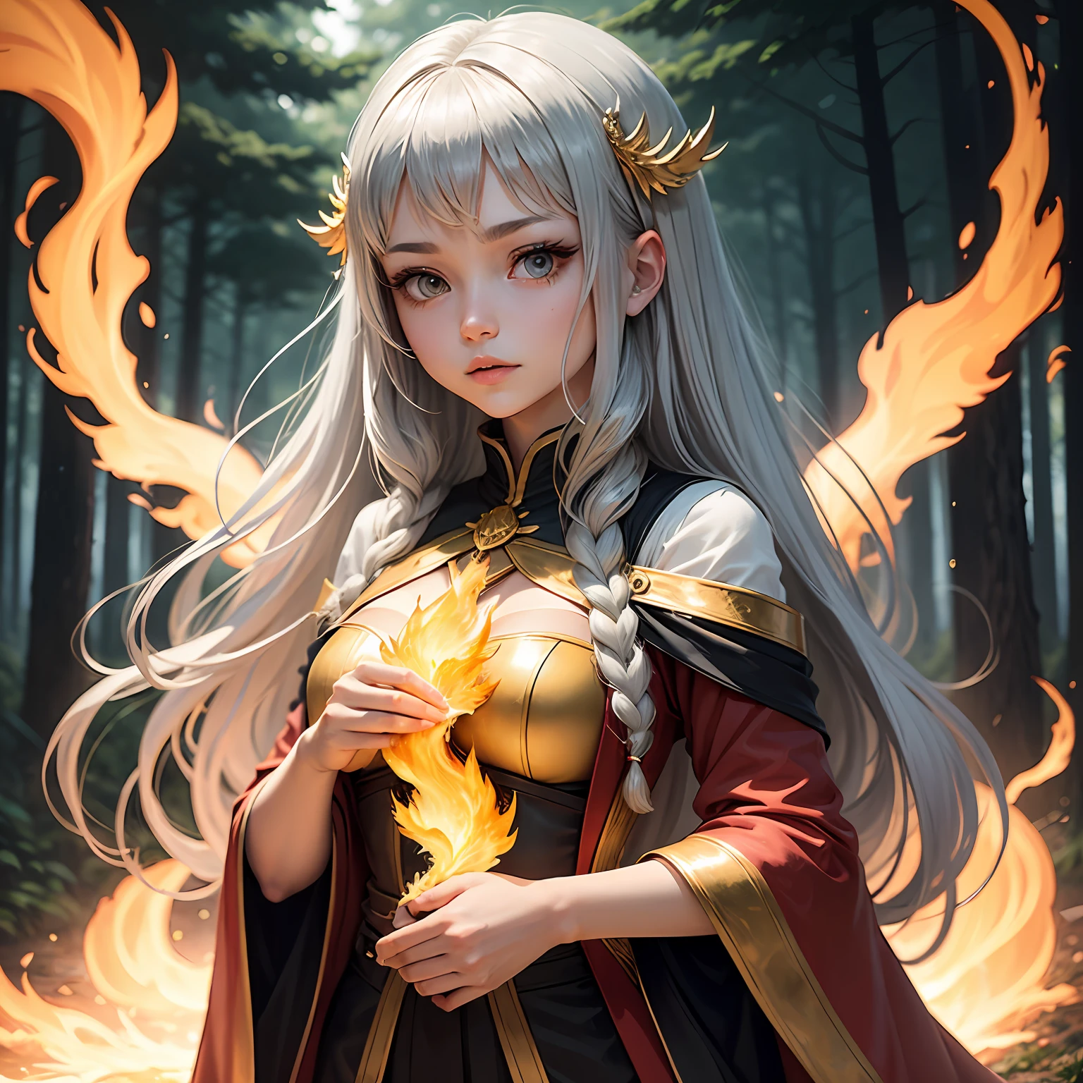 In the dark forest, a girl with long silver hair, holding a cluster of golden flames to her chest in both hands, anime style