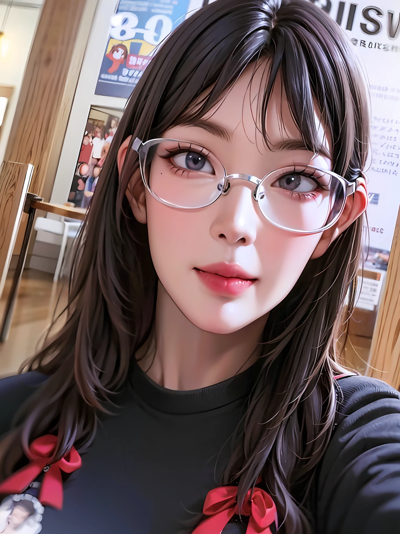 There is a woman with glasses and a black shirt posing for a photo, clear and cute face, goose egg face, small round face, delicate skin, wearing thin and large round glasses, transparent glasses, wearing glasses, very clear face, 2 8 years old, wearing glasses, 2 7 years old, 2 9 years old, 8K selfie photo, wearing glasses, shawl hair, black hair, silky hair