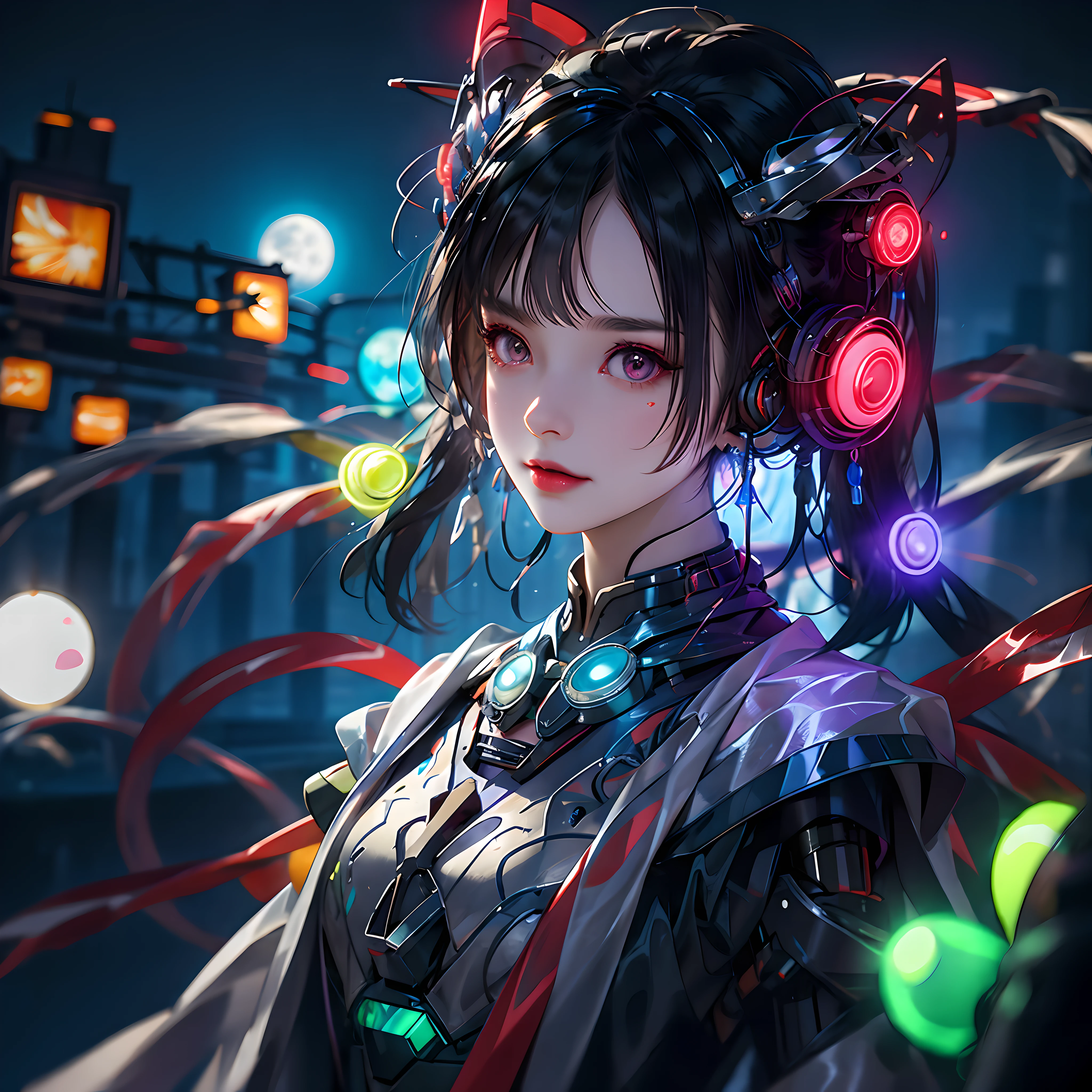 Background moon, big moon in the back, moon, 1 girl, Chinese_clothes, liquid silver metallic and rainbow colors, cyberhan clothes, cheongsam, cyberpunk city, dynamic pose, detail luminous headphones, luminous hair accessories, long hair, glowing earrings, glowing necklace, cyberpunk, high-tech city, full of mechanical and futuristic elements, futurism, technology, glowing neon lights, rainbow colors, rainbow color light, sexy skirt, transparent black cape, laser light, digital background city sky, big moon, There are vehicles, best quality, masterpiece, 8K, character edge light, super high detail, high quality, the most beautiful woman in human beings, smile, face facing forward, ear corner decoration, long antenna glow, beautiful pupils, light effects, visual data, silver rainbow hair dye, ultra-detailed facial texture, happy and proud, weapon system, crowded pedestrians on the street, mecha style, wearing a luminous antenna on the head, deep eyes, far away, details of the entire city, candy color neon color matching, rainbow lights, only one character, only one protagonist in the picture