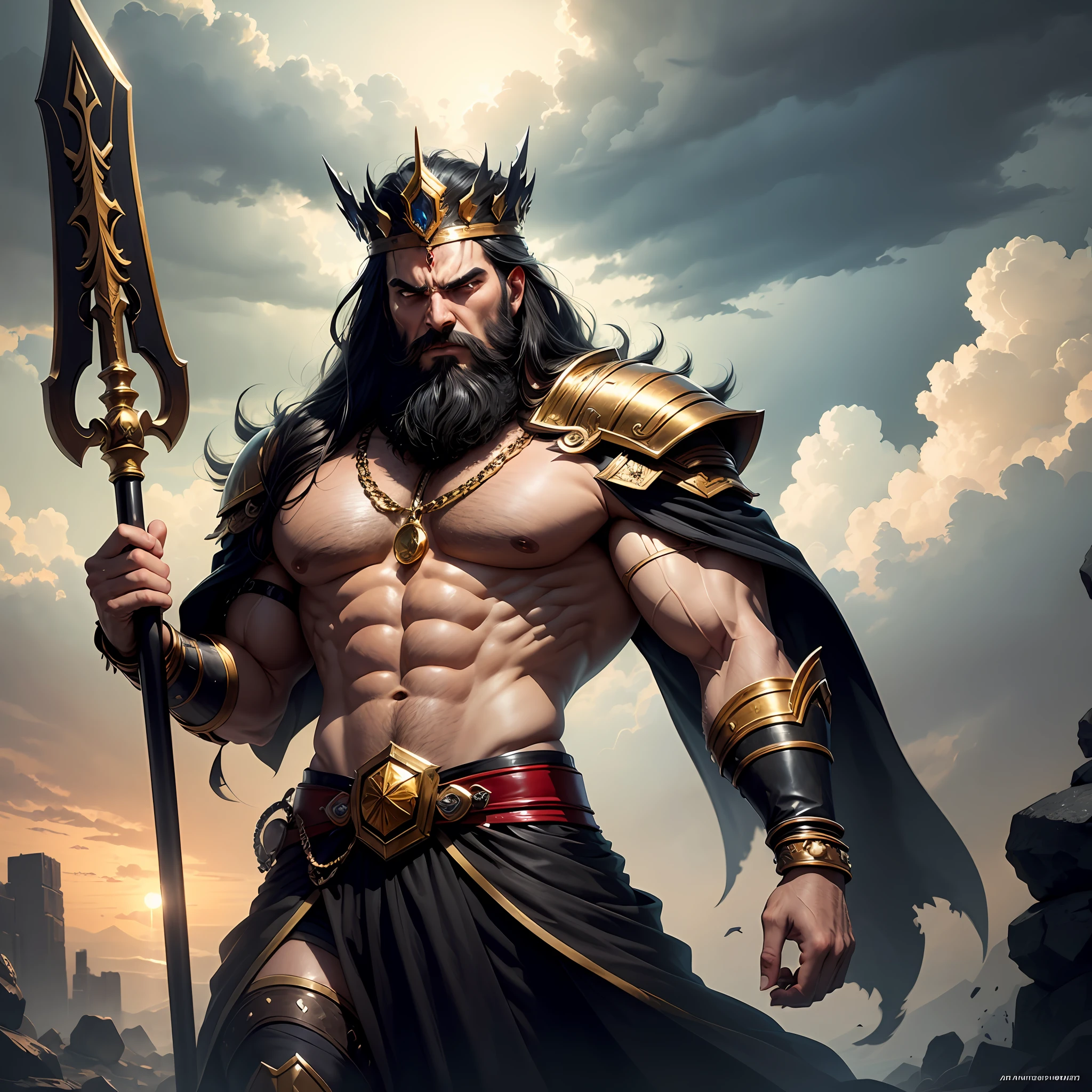 A man like Persian king Darius the Great, long black beard like Achaemenid Persian, Very long beards, angry, Cloudy sky, red royal crown with gold chains, real quality like game, 4k, very muscular body, long black hair, two big black wings, iron scepter in hand, angry and angry, like God, like Persian king Darius, his face like super villain , the weather is stormy and rainy, he looks at the sky, high quality --auto