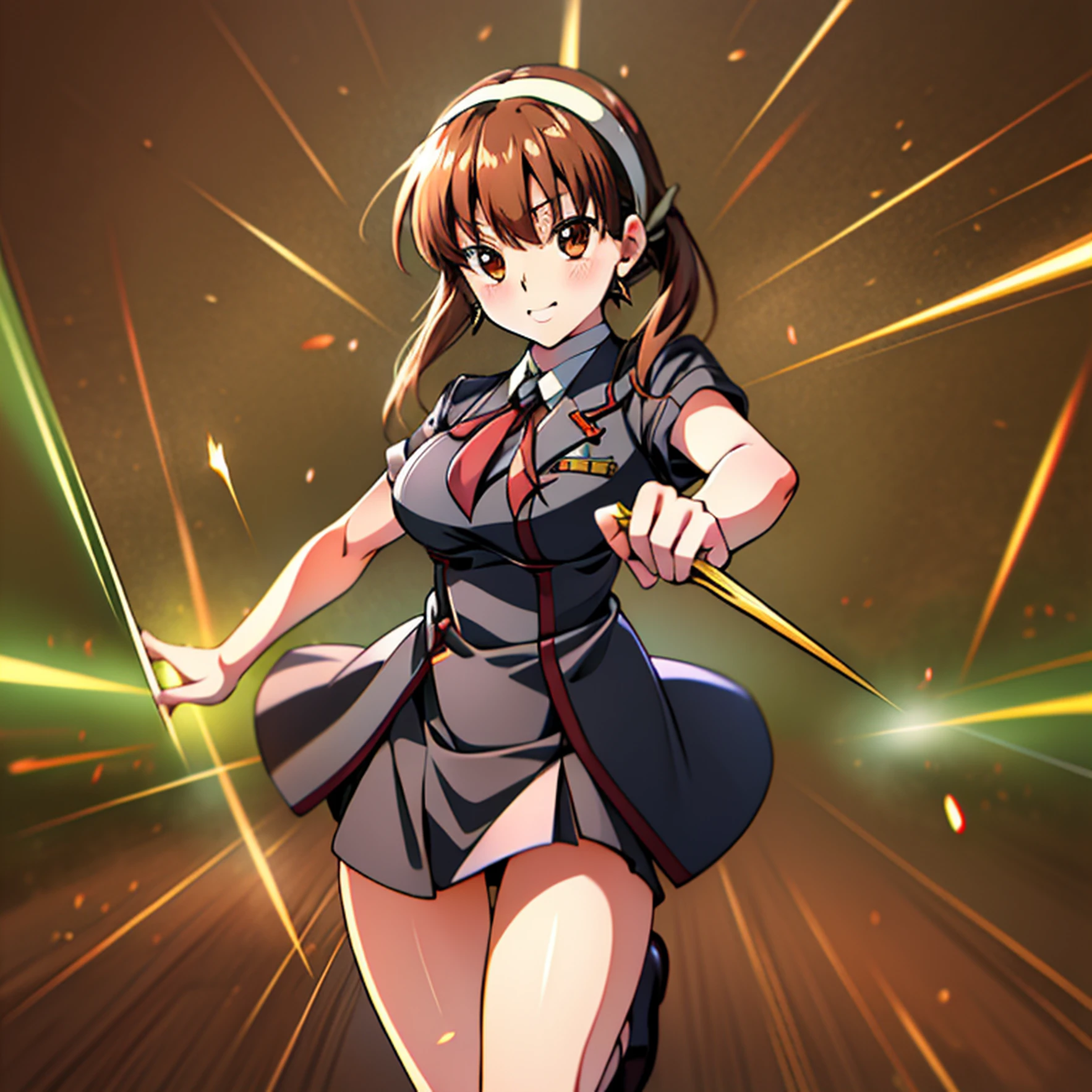 Dynamic effects, short chestnut hair, chestnut school uniform, flashing electric light on fingertips, anime characters, Mikoto Misaka, full body effect