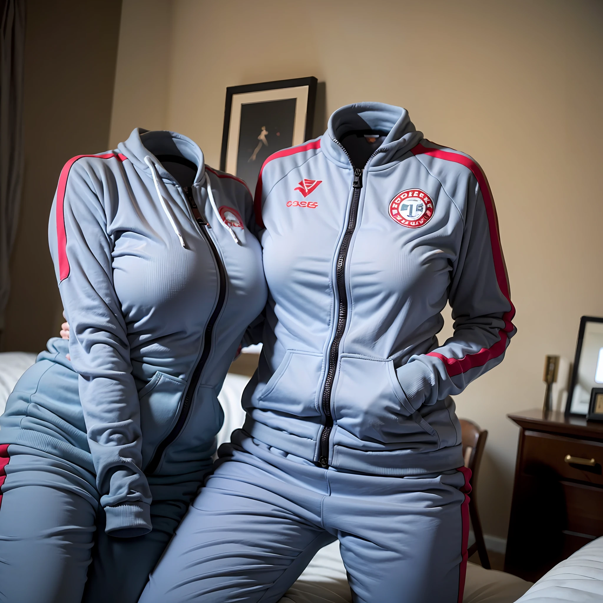 (insanely detailed), (16k), ((no humans)), ((invisible)), ((faceless)), ((headless)), ((empty clothes)), (huge breasts), girls' tracksuits on hangers swells as if possessed by busty invisible girls, huge breasts, (tracksuits lying on the bed),(voluptuous)