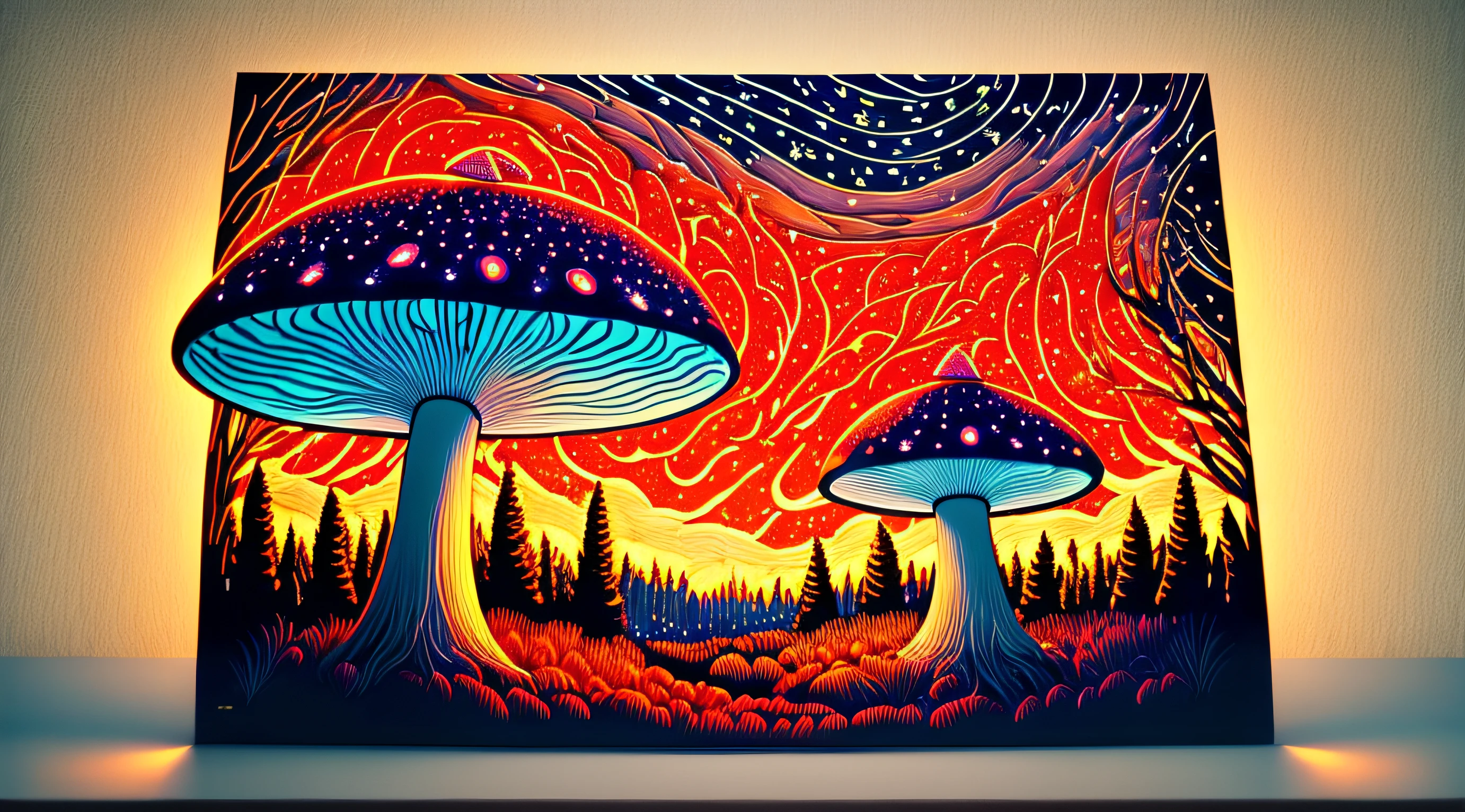 wallpaper of ema retelling of starry night with mushroom with red neon --auto
