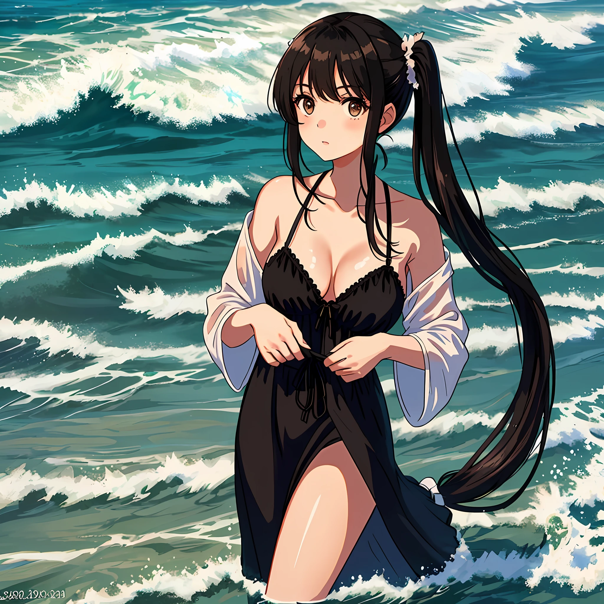masterpiece: 1.2, best quality), (finely detailed beautiful eyes: 1.2), a girl with twintail, brown eyes, with an open black nightgown in front and no bra, beach, water, black spots large breasts, age 20, black hair,