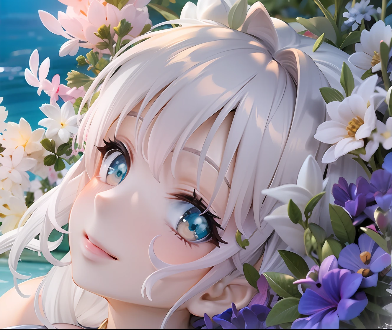 girl, white hair, short cut, white eyes, smile, looking here, water surface wall, light blue swimsuit, white pattern, various flowers, water surface, waves, white skin, watercolor, pale tones, bright color palette, pastel collar