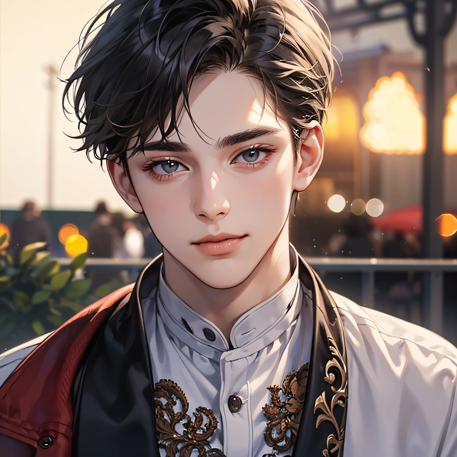 Gorgeous 25-year-old boy in an amusement park, happy, broad shoulders, clear focus (clutter - house: 0.8), (masterpiece: 1.2) (Realistic: 1.2) (Bokeh) (Best quality) (Detailed skin: 1.3) (Intricate details) (8K) (Detail eyes) (Sharp focus), (Happy) --auto