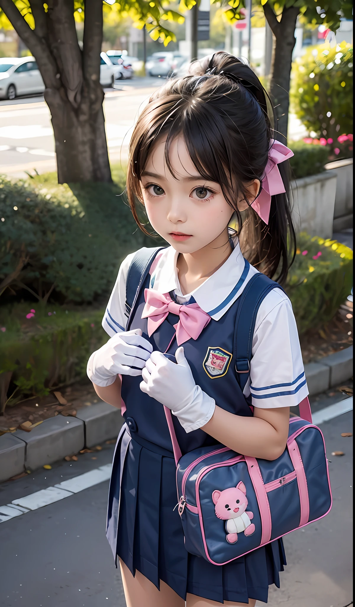 An -year-girl,hoolboy school bag, cute pink school uniform, animal hanging, ponytail, headband, white gloves,