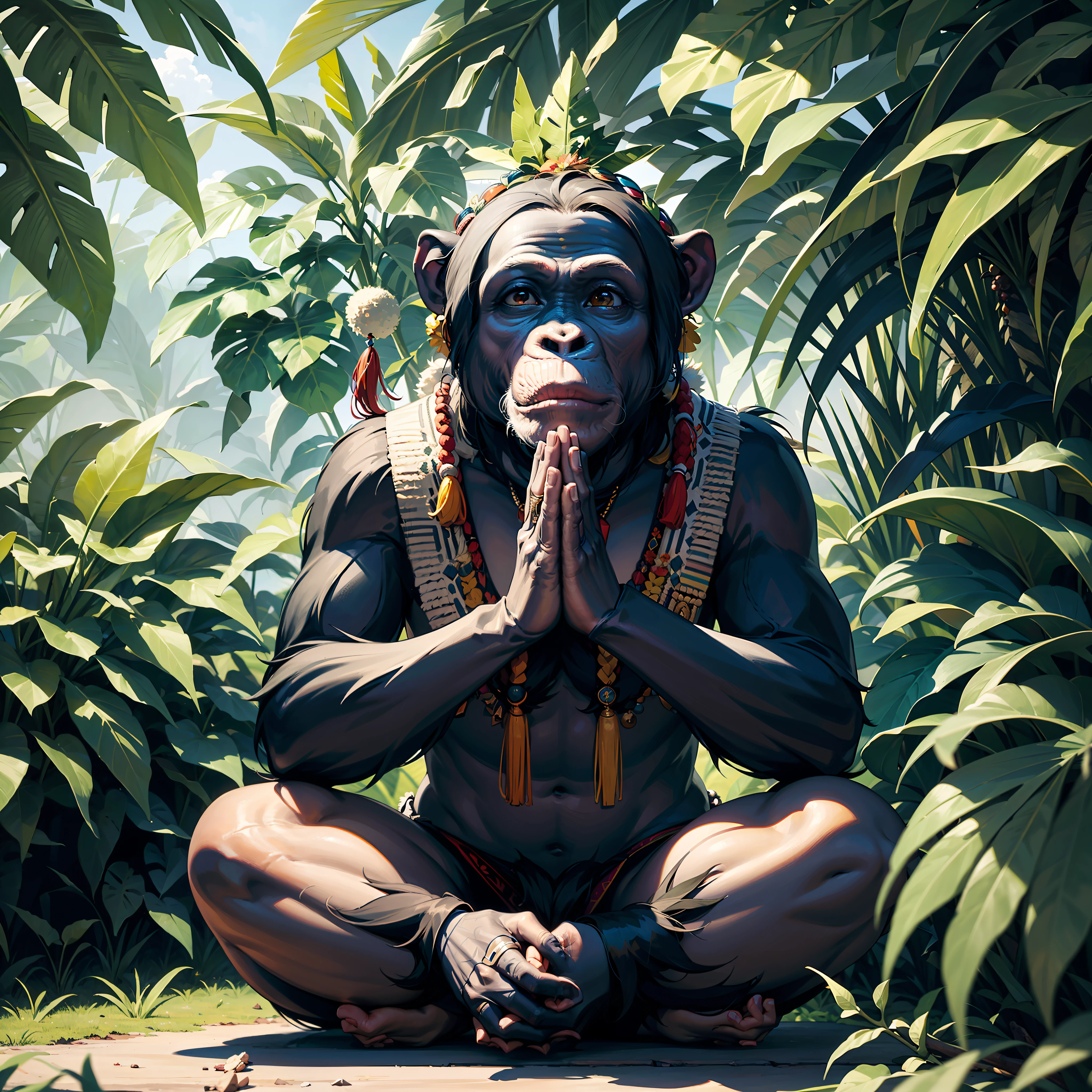 Chimpanzee ((Indian)),, ((with praying hands)),, chimpanzee hands, hair with details, with indigenous headdress on the head, ((meditating)) colorful feathers, facing the camera, detail: dense tropical foliage, highly detailed intricate, ((masterpiece)), ultra hyperrealistic, masterpiece, camera framing : closed in the head