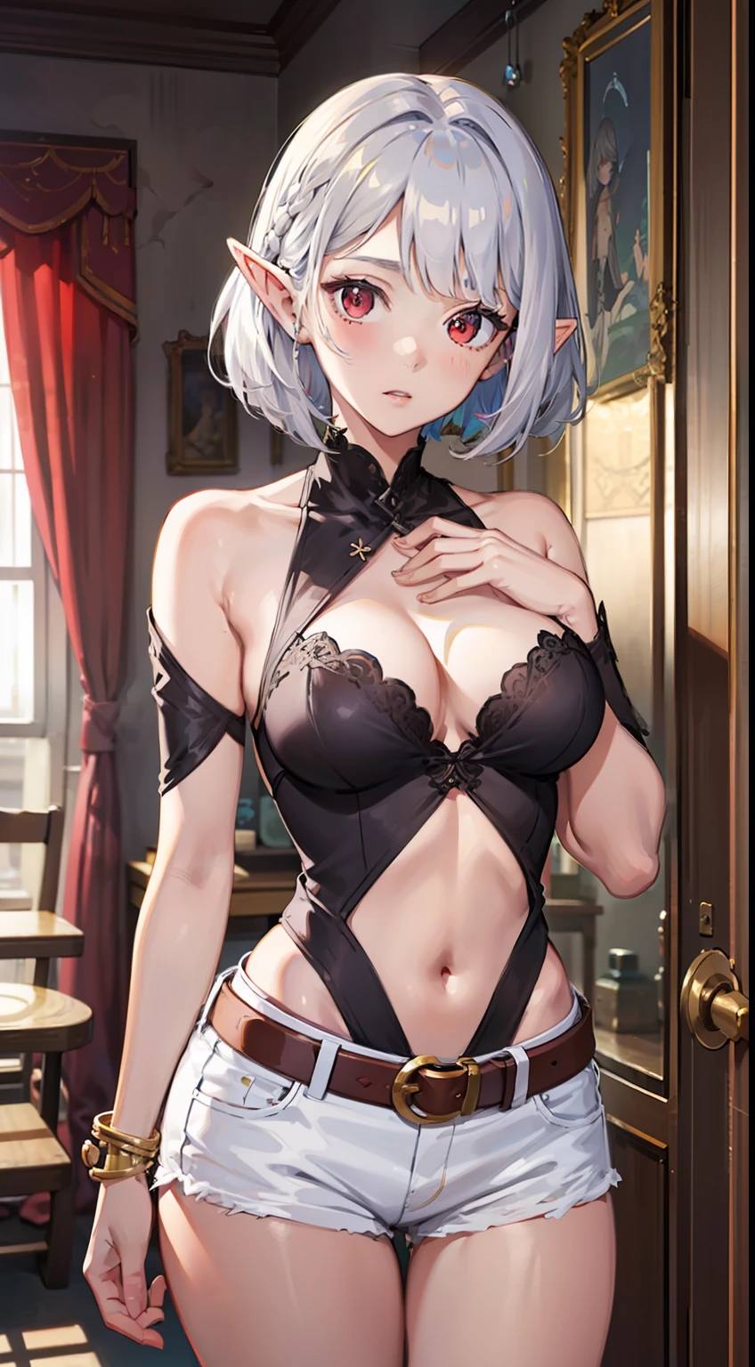 ((Put your hands on your chest)), (surprised)), (Red face), 1 girl closeup, Elf, Silver hair, Red eyes, Braided hair, Bob cut, Camisole, Hot pants, Indoors, TS, Concept art, Beautiful anime scene, Beautiful anime scene, Best quality, Masterpiece, 4K