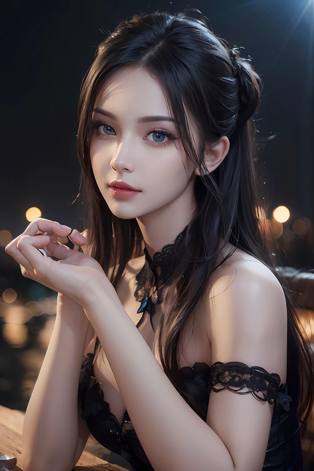 (skindentation:1.5), Realistic, Photorealistic, (masterpiece:1.5), concept art, intricate details, highly detailed, photorealistic, octane render, 8k, unreal engine, dynamic pose, best quality, highres, (realistic face:1.1), (hyperrealistic:1.1), ((full_body)), perfect eyes,(shiny skin:1.2), (((hairstyle))), (((perfect hands))), (extremely detailed background), ((dynamic background)), (light rays), ((detailed eyes, high quality eyes, high quality face)), (((flowing hairstyle))), epic, depth of field, bokeh, 4k, gothic, mountain background, lightning, glowing blue iris, at night,