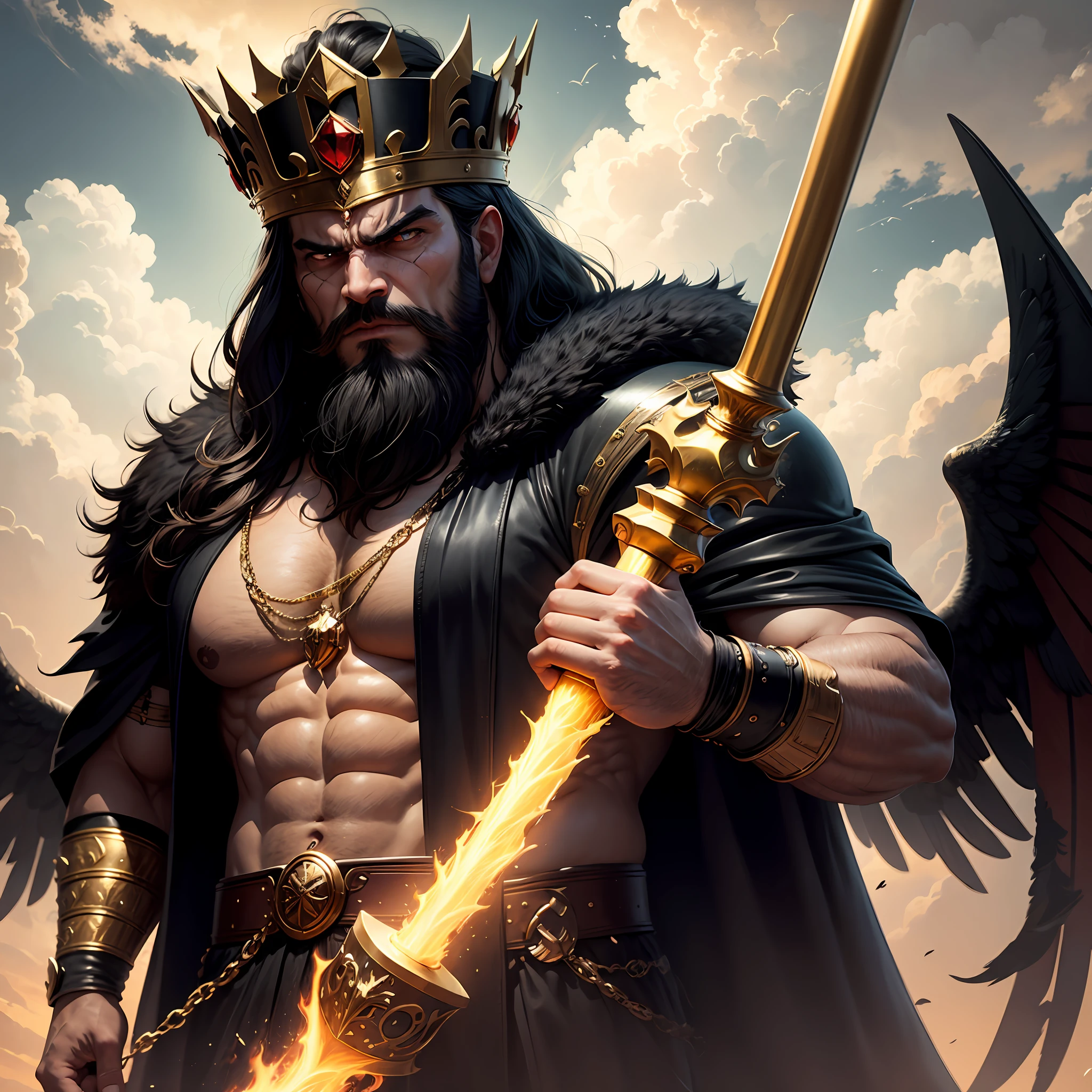 A man like Persian king Darius the Great, long black beard like Achaemenid Persian, Very long beards, angry, Cloudy sky, red royal crown with gold chains, real quality like game, 4k, very muscular body, long black hair, two big black wings, iron scepter in hand, angry and angry, like God, like Persian king Darius, his face like super villain , the weather is stormy and rainy, he looks at the sky, high quality --auto