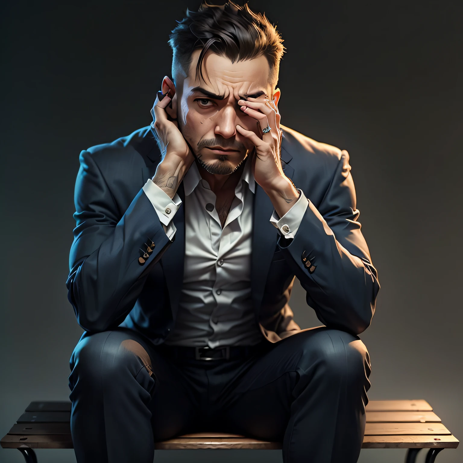 Sad man with his hands over his face, Brazilian, 25 years old, sitting on a bench, in the square, with a blurry background, wearing a slim fit suit, portrait style. --auto
