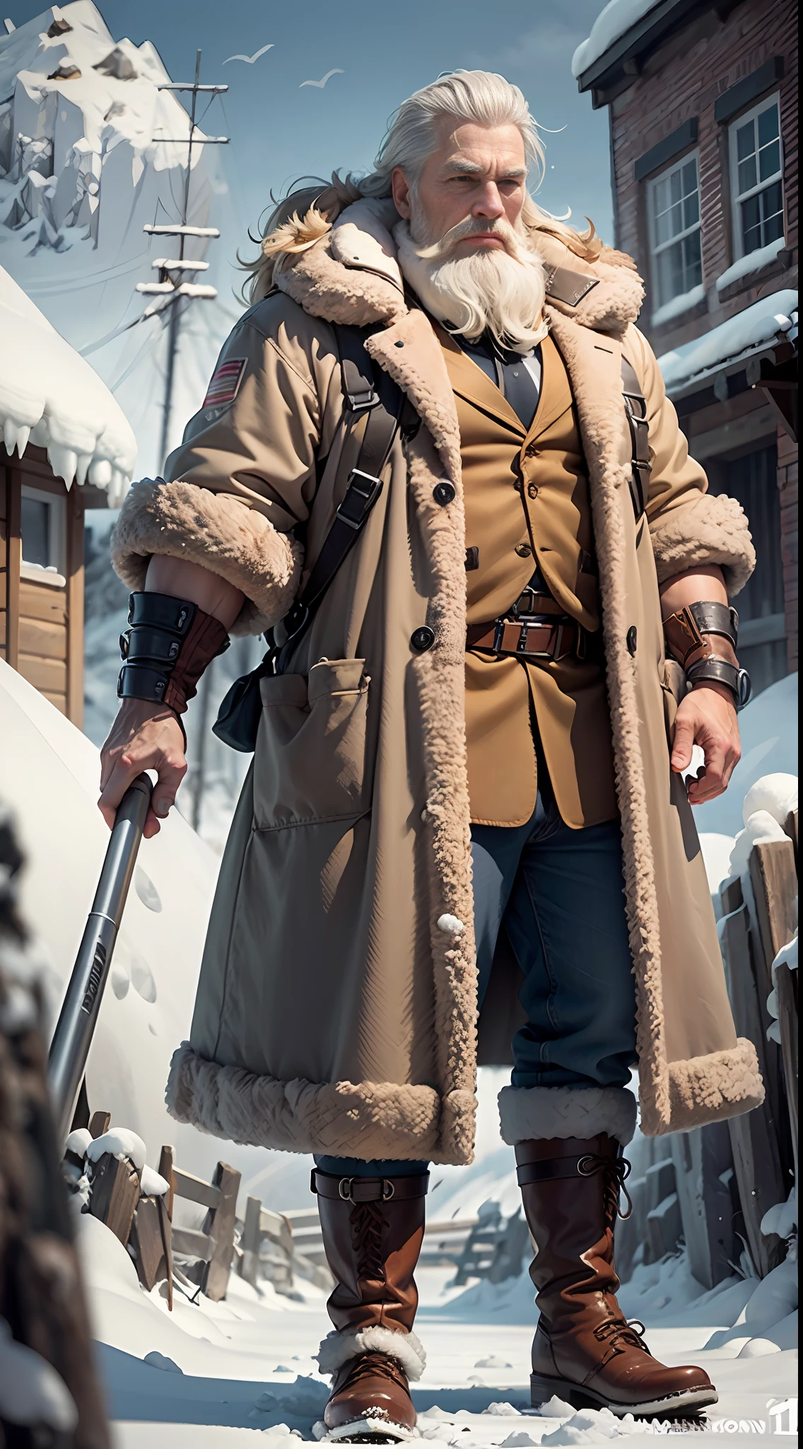 full body, year 1900, 2 meter tall Danish man in his 40s, robust build, strong physique, wind bites on face, wrinkles, blonde gray hair, thick mane of tousled hair, long and tall beard, frozen, icicles, frozen beard, blue eyes, rugged appearance, set of strong and slightly crooked teeth, heavy fur coat, sealskin boots, and thick layers of protective gear, an artic explorer from 1900s, artic in the background, cinematic, detailed face, detailed eyes, detailed skin (photorealistic:1.4), 8k uhd, (hyper realistic), (photo realistic), (masterpiece), (best quality)