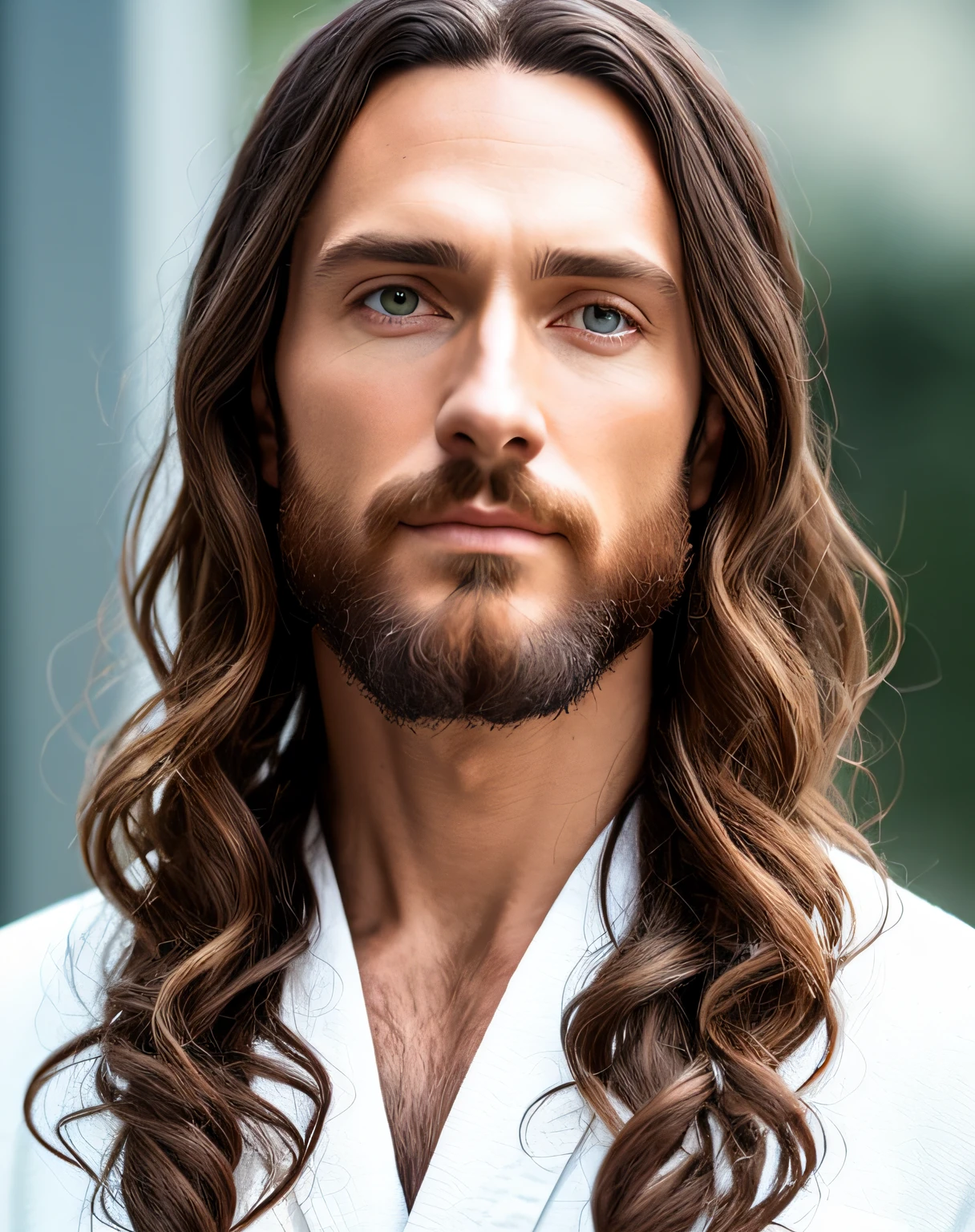 (symmetry),centered,a ((close)) up portrait,(Jesus),a very thin white man with long hair and a beard,wearing a long white robe,35mm,natural skin,clothes  detail, 8k texture, 8k, insane details, intricate details, hyperdetailedhighly detailed,realistic,soft cinematic light,HDR,sharp focus, ((((cinematic look)))),intricate, elegant, highly detailed