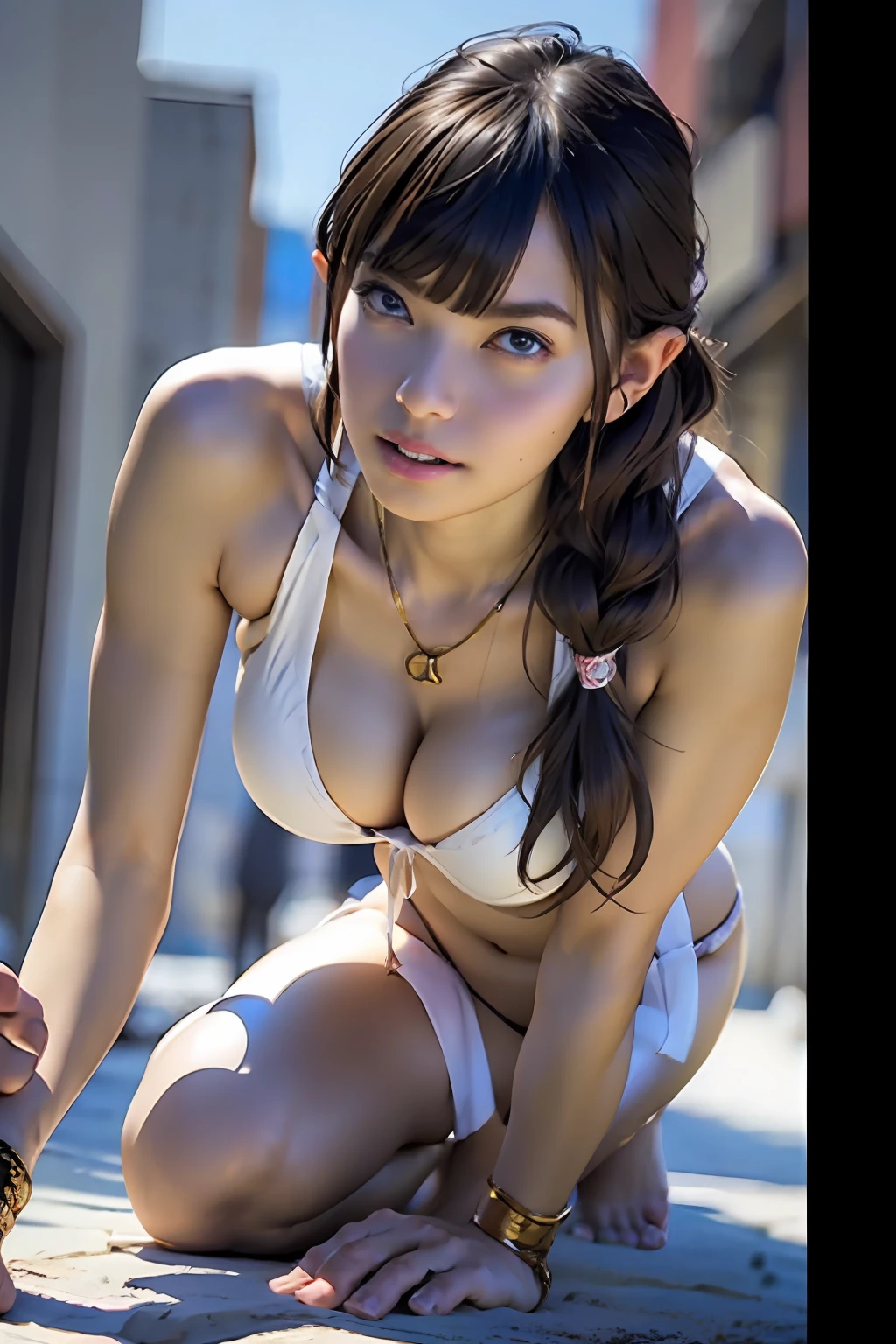 Ultra-detailed complex 3D rendering of the face, (Colossal: 8.8), (masterpiece, top quality, octane rendering, 8K), glamour shot full body image, very beautiful young elf, cleavage, (very detailed skin: 1.2), (exposure: 1.1), brown hair, (((White bikini: 1.95))))), beautiful Caucasian woman with full soft breasts and dark skin with big buttocks, one, long braided hair, Big breasts, dynamic angles, mystical expressions, ultra-realistic photos, ((((bare feet)))), futuristic city background, facial muscles, detailed and beautiful gold crown, in the style of Marvel Comics, ArtStation trends, clear focus, studio photography, intricate detail, highly detailed, detailed red eyes, highly detailed, sharp focus, digital rendering, professional, abs, dark gray background, shot by Canon EOS R 6, (Saint Seiya: 1.4), Detailed jewelry necklace,Detailed jewelry bangles, (Sexy Pose)))), (Buttocks: 1.4), Exposed panties, Exposed butt groove, under,