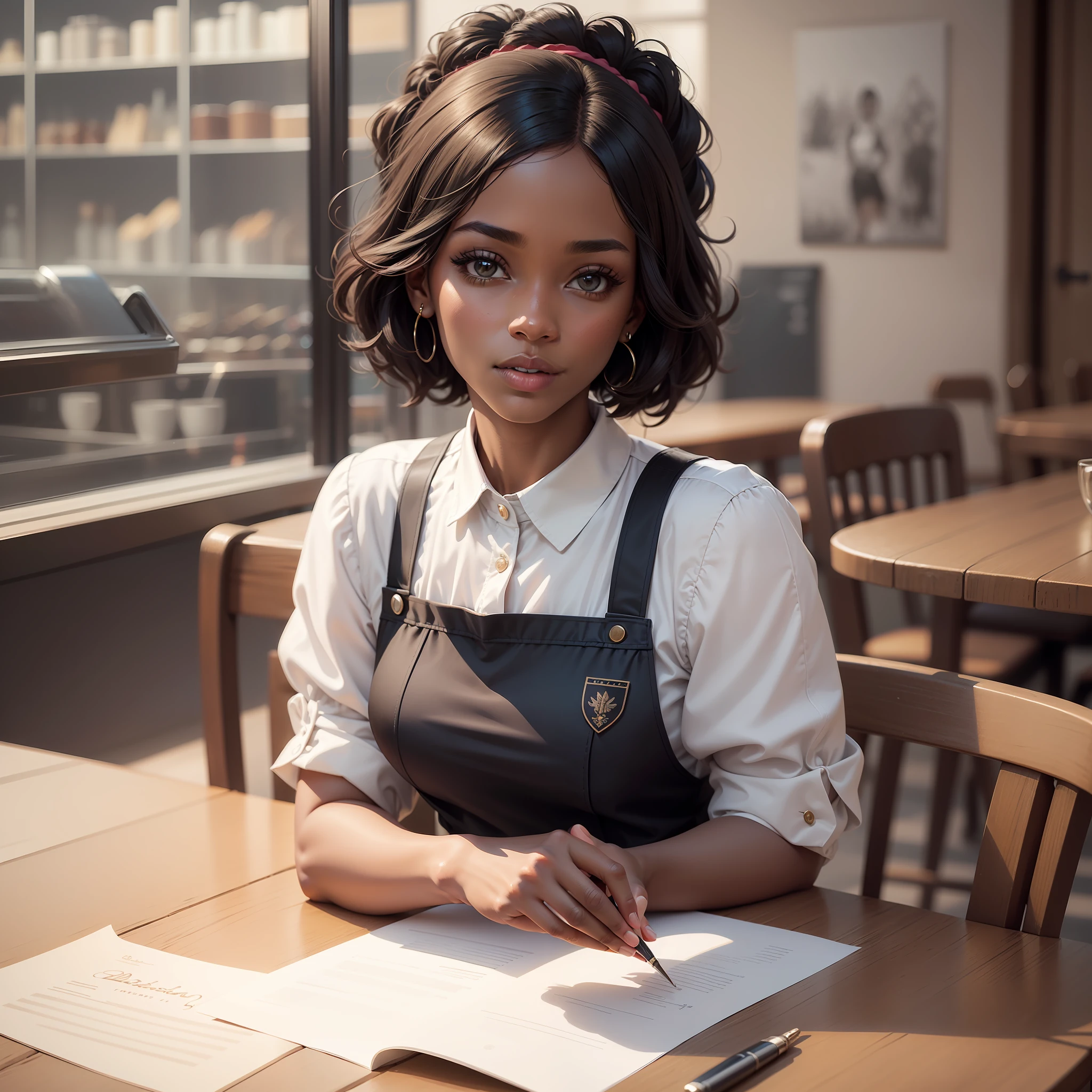 "(Masterpiece), best quality, ultra detailed, incredibly delicate and beautiful illustration, portrait of a wonderful 30-year-old black woman, waitress"