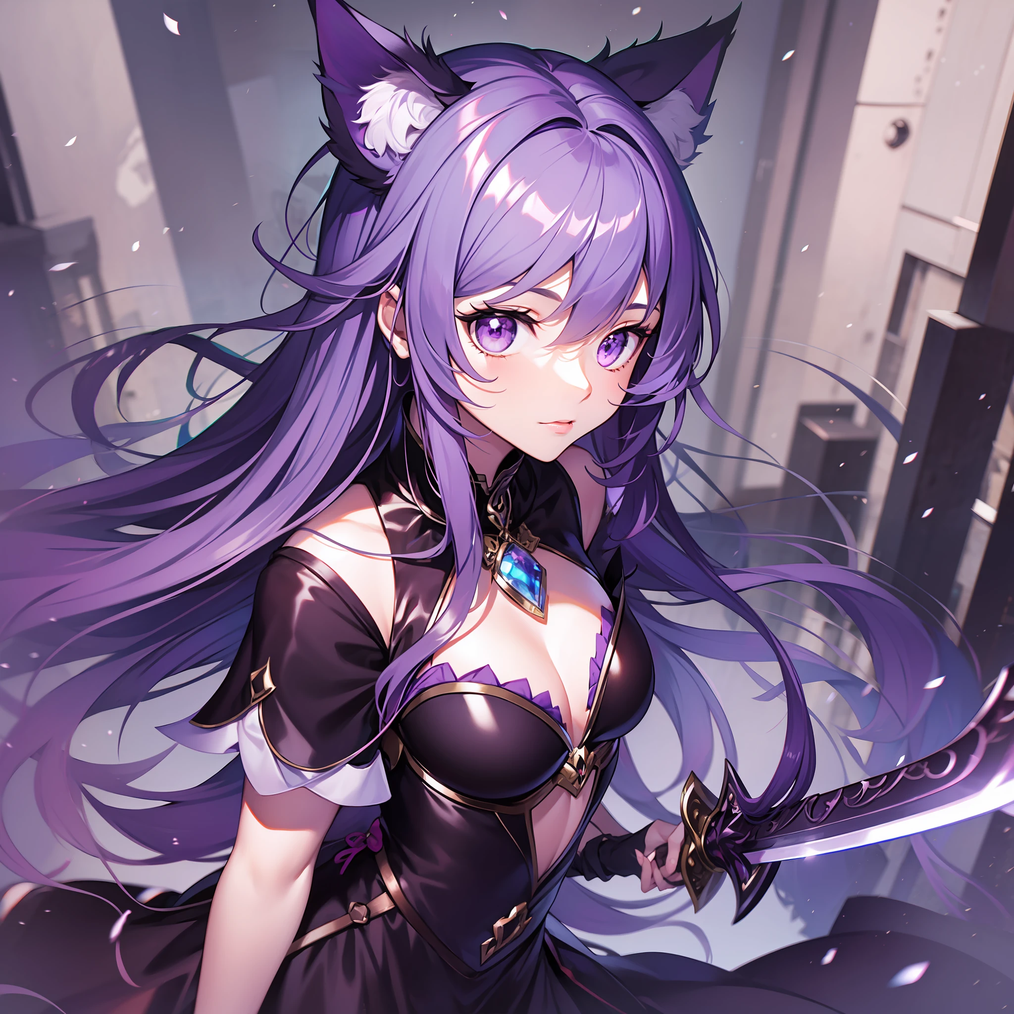Purple hair, purple eyes, cat head, girl, black silk, holding a one-handed sword, anime style
