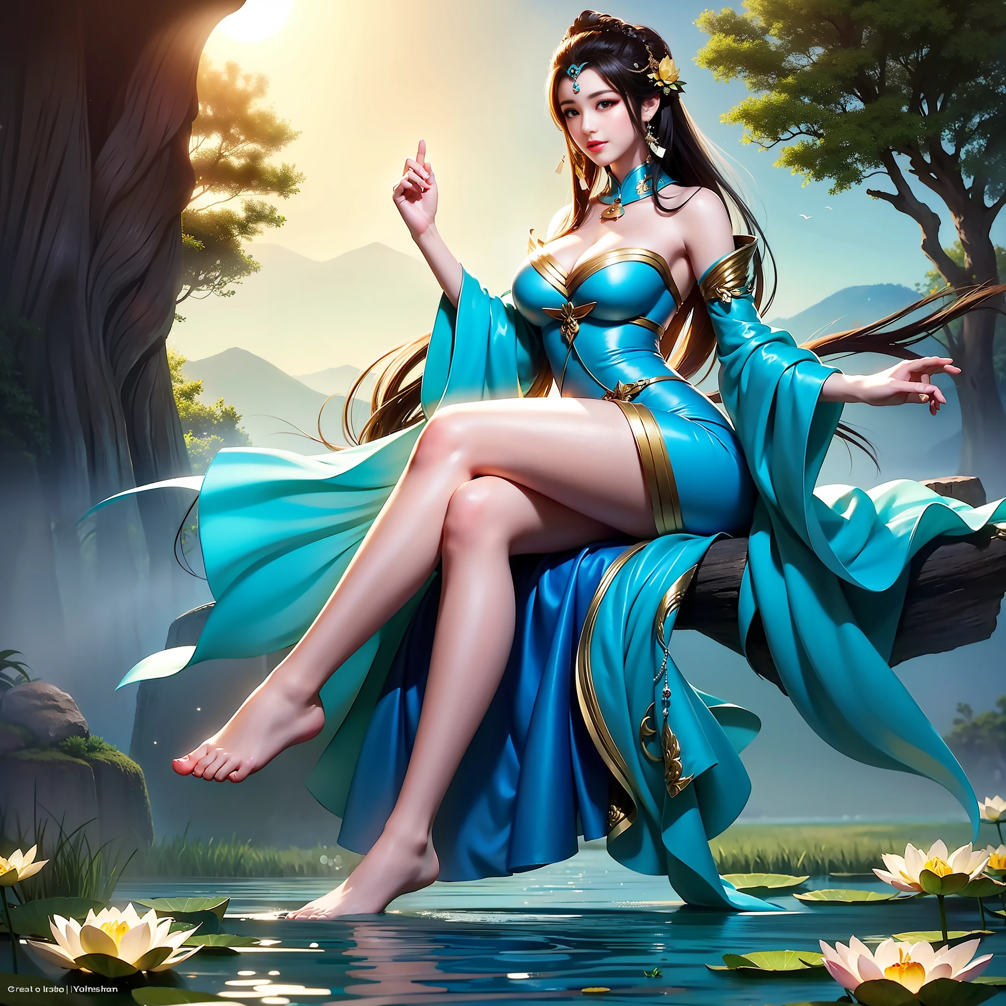 Sitting by a lake full of lotus flowers, feet playing in the water, the art depicts a charming woman with a melon face, dressed in a flowing, silky traditional oriental dress, long, aqua blue, decorated with intricate patterns and bright colors. Her dress drapes elegantly over her curvy figure, accentuating her seductive silhouette. She sits gracefully by the tranquil lotus lake, her feet playing in the water, bathed in the soft glow of the moonlight. The scene exudes an ethereal and dreamy atmosphere, with a touch of mystery and sexiness. The graphic style blends watercolor and digital illustration techniques to evoke a refined beauty and charm. The lights are filled with soft moonlight, casting soft highlights and shadows on her charming features. Bare thighs, big breasts, three-dimensional facial features, sitting, upturned legs, side braids