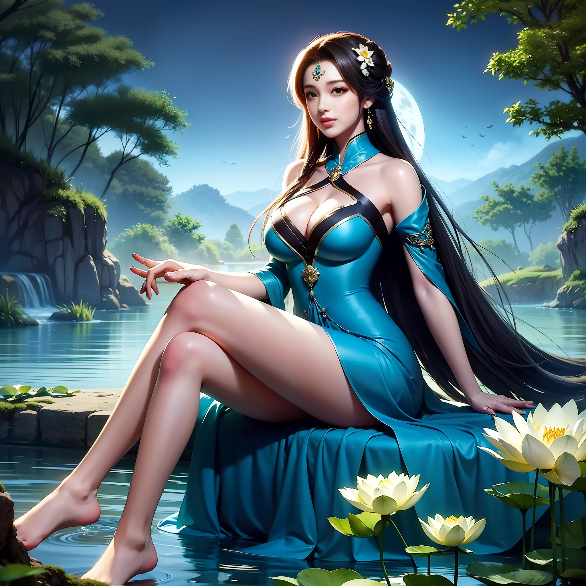 Sitting by a lake full of lotus flowers, feet playing in the water, the art depicts a charming woman with a melon face, dressed in a flowing, silky traditional oriental dress, long, aqua blue, decorated with intricate patterns and bright colors. Her dress drapes elegantly over her curvy figure, accentuating her seductive silhouette. She sits gracefully by the tranquil lotus lake, her feet playing in the water, bathed in the soft glow of the moonlight. The scene exudes an ethereal and dreamy atmosphere, with a touch of mystery and sexiness. The graphic style blends watercolor and digital illustration techniques to evoke a refined beauty and charm. The lights are filled with soft moonlight, casting soft highlights and shadows on her charming features. Bare thighs, big breasts, three-dimensional facial features, sitting, upturned legs, side braids