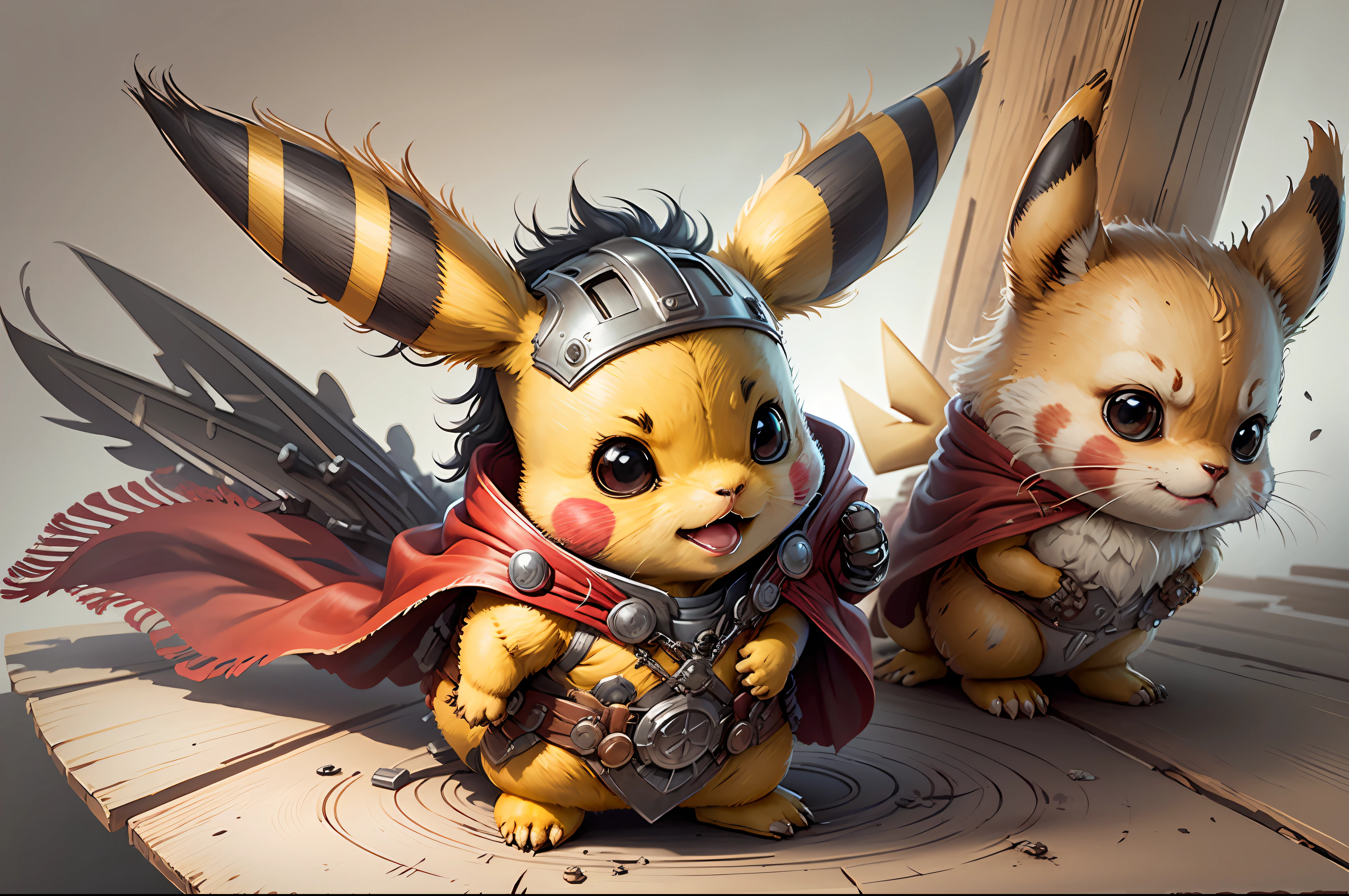 Start with a basic sketch of Pikachu, with a Thor hammer in one hand and wearing a red cape with gold accents. Add some Thor features such as a helmet with wings and boots with metal details to add a more authentic touch to the character. To give Pikachu a fluffy touch, overdo the dimensions of his head and ears and add rosy cheeks. Use vibrant, cheerful colors to bring your drawing to life, with shadows and highlights that create depth and texture. Add a solid background. To finish, add some clean and crisp lines that highlight the characteristics of the character and add a more "cartoon" touch to the drawing. The character standing in the right corner of the picture