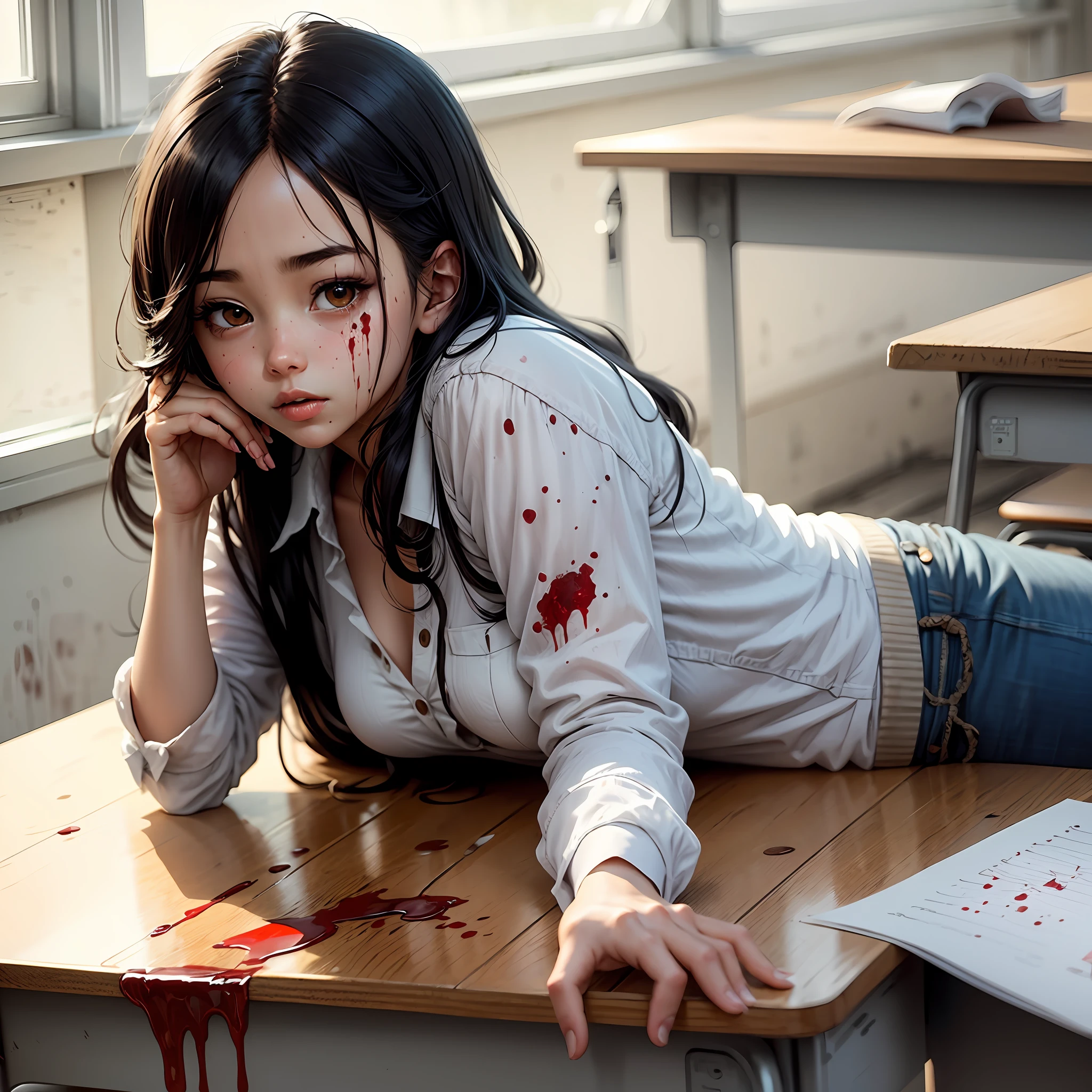 Black-haired anime girl lying on her desk in classroom, with blood stains