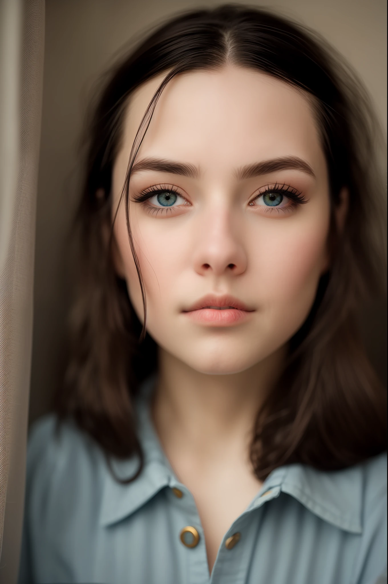 (sharp focus:1.2), photo, (cute face:1.1), detailed eyes, lush lips, (cat's eye makeup:0.85), wearing (casual clothing:1.2) in one (in the beautiful room:1.2). depth of field, bokeh, 4K, HDR. by (James C. Christensen:1.2| Jeremy Lipking:1.1). ((Soft brown andulated hair