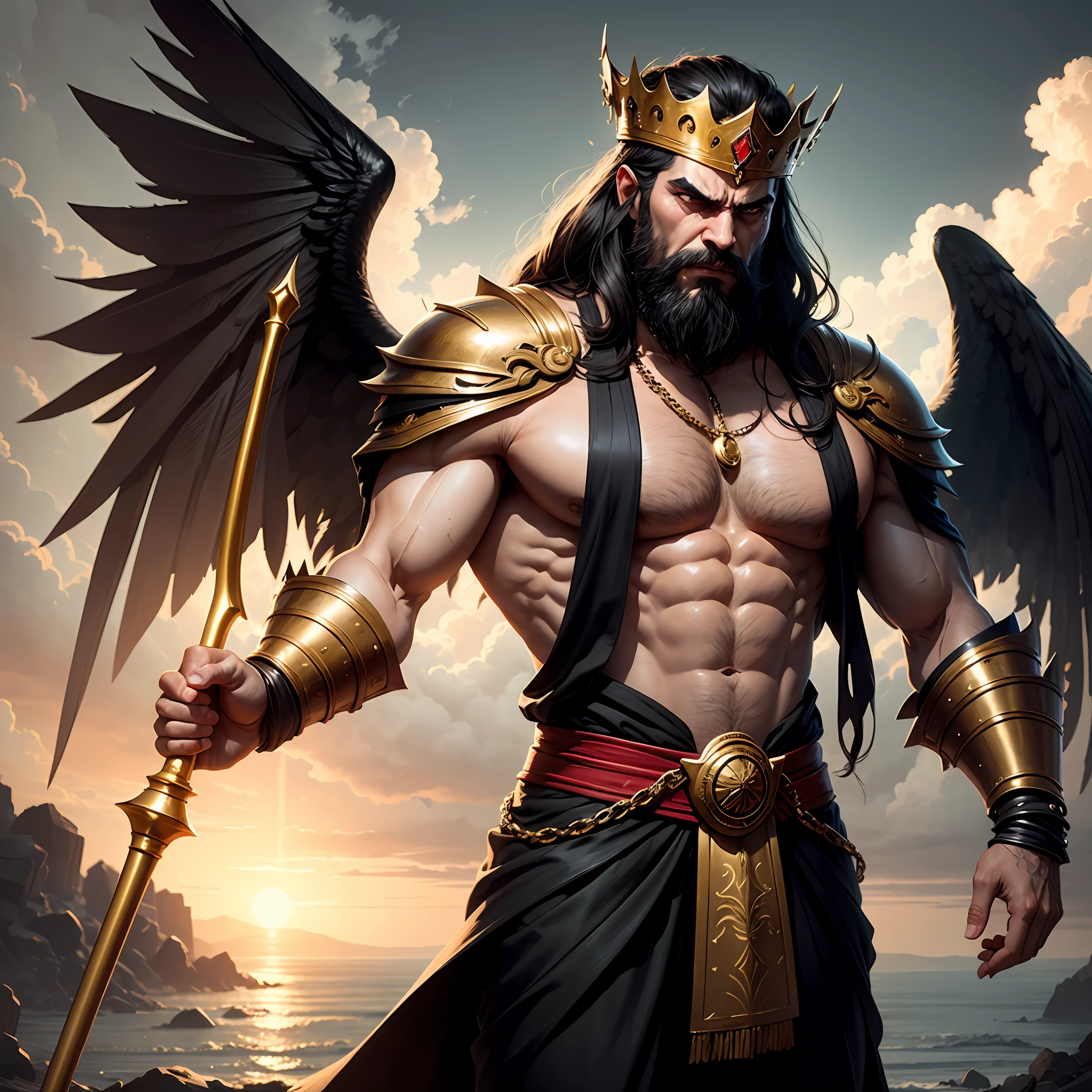 A man like Persian king Darius the Great, long black beard like Achaemenid Persian, Very long beards, angry, Cloudy sky, red royal crown with gold chains, real quality like game, 4k, very muscular body, long black hair, two big black wings, iron scepter in hand, angry and angry, like God, like Persian king Darius, his face like super villain , the weather is stormy and rainy, he looks at the sky, high quality --auto