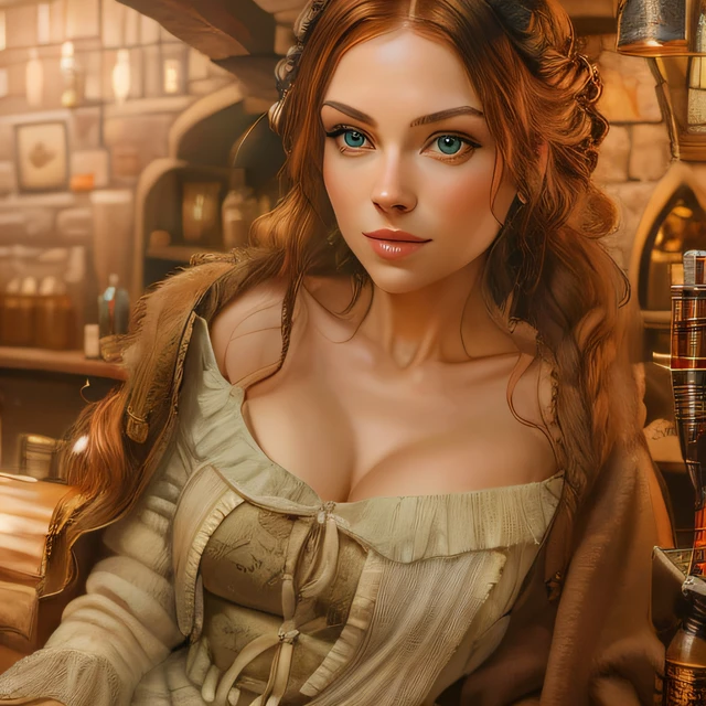 beautiful ginger women in detailed dress at tavern, air above hair, IPA award wining, masterpiece, best aftereffects