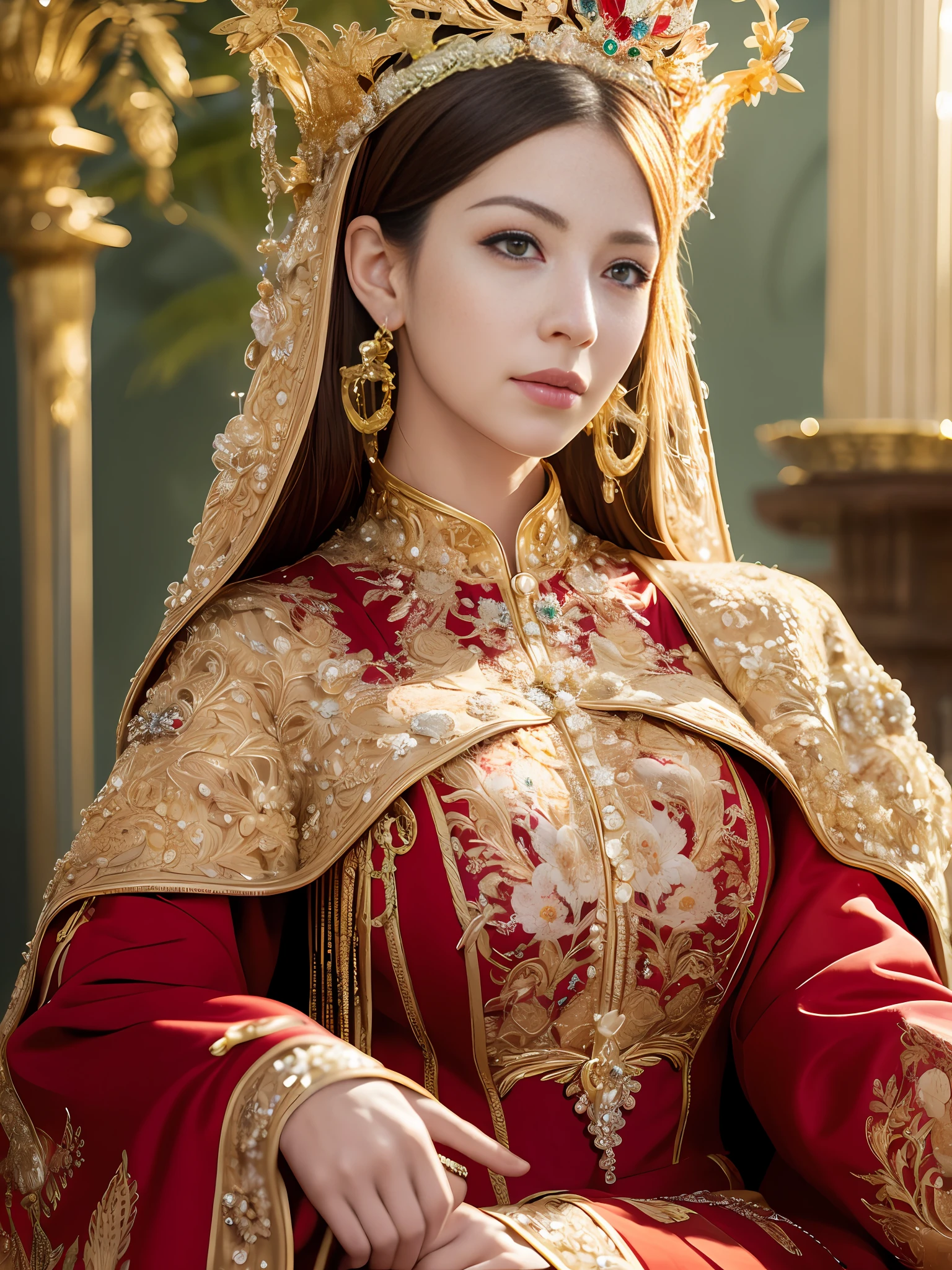 best quality, masterpiece, detail, intricate detail, realistic cinematic lighting, (fantasy art: 1.6), (seiza: 1.1), (front: 1.2), upright, royal, majestic, queen, (huge and golden throne: 1.4), crown, close-up front, solemn, throne, upright posture, seriousness, dignity, gaze ahead, contemplation, jewelry, solo, divine ray, 1 woman, gold and red dress, golden palace,