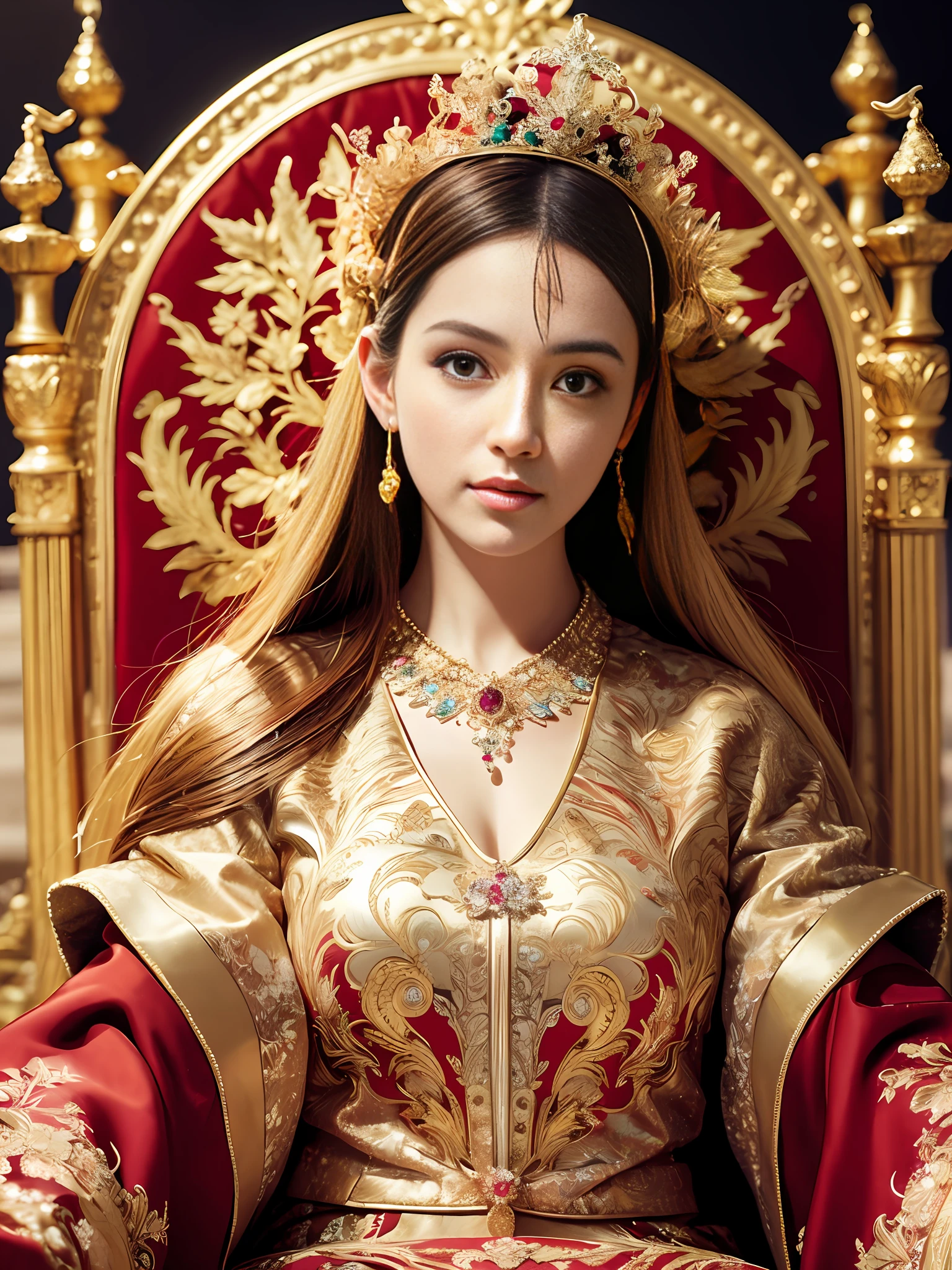 best quality, masterpiece, detail, intricate detail, realistic cinematic lighting, (fantasy art: 1.6), (seiza: 1.1), (front: 1.2), upright, royal, majestic, queen, (huge and golden throne: 1.4), crown, close-up front, solemn, throne, upright posture, seriousness, dignity, gaze ahead, contemplation, jewelry, solo, divine ray, 1 woman, gold and red dress, golden palace,