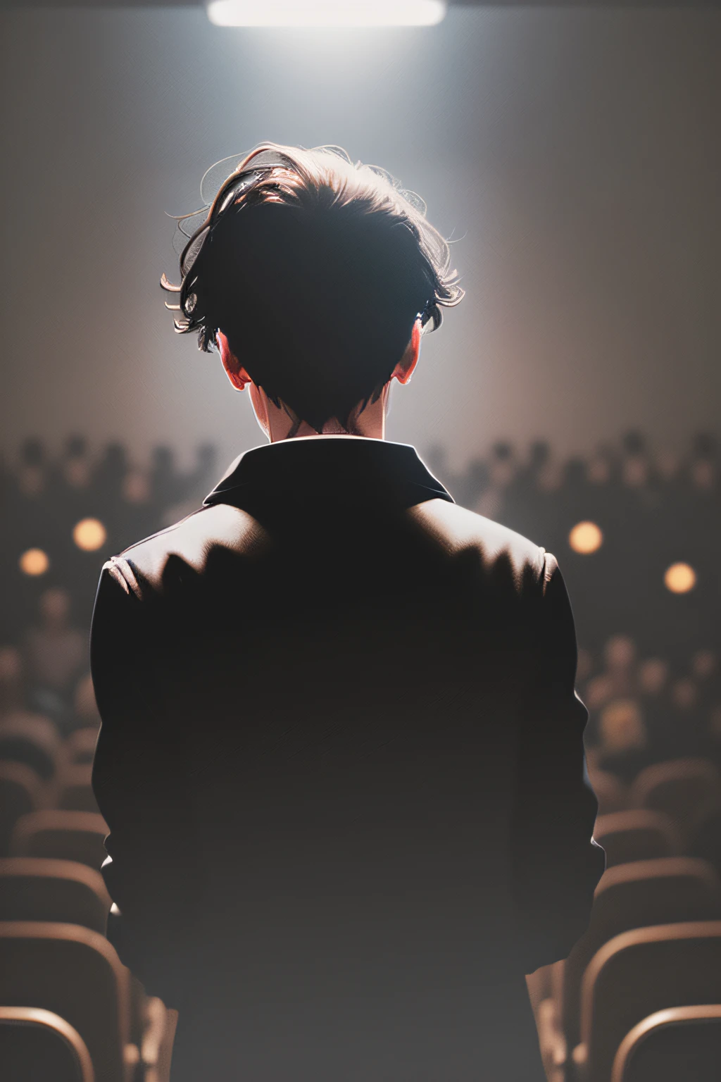 the sinister silhouette of a mysterious figure (with his back to the camera), in front of a crowd in an audience, in a dark, dimly lit hall; The audience displays a terrifying expression.