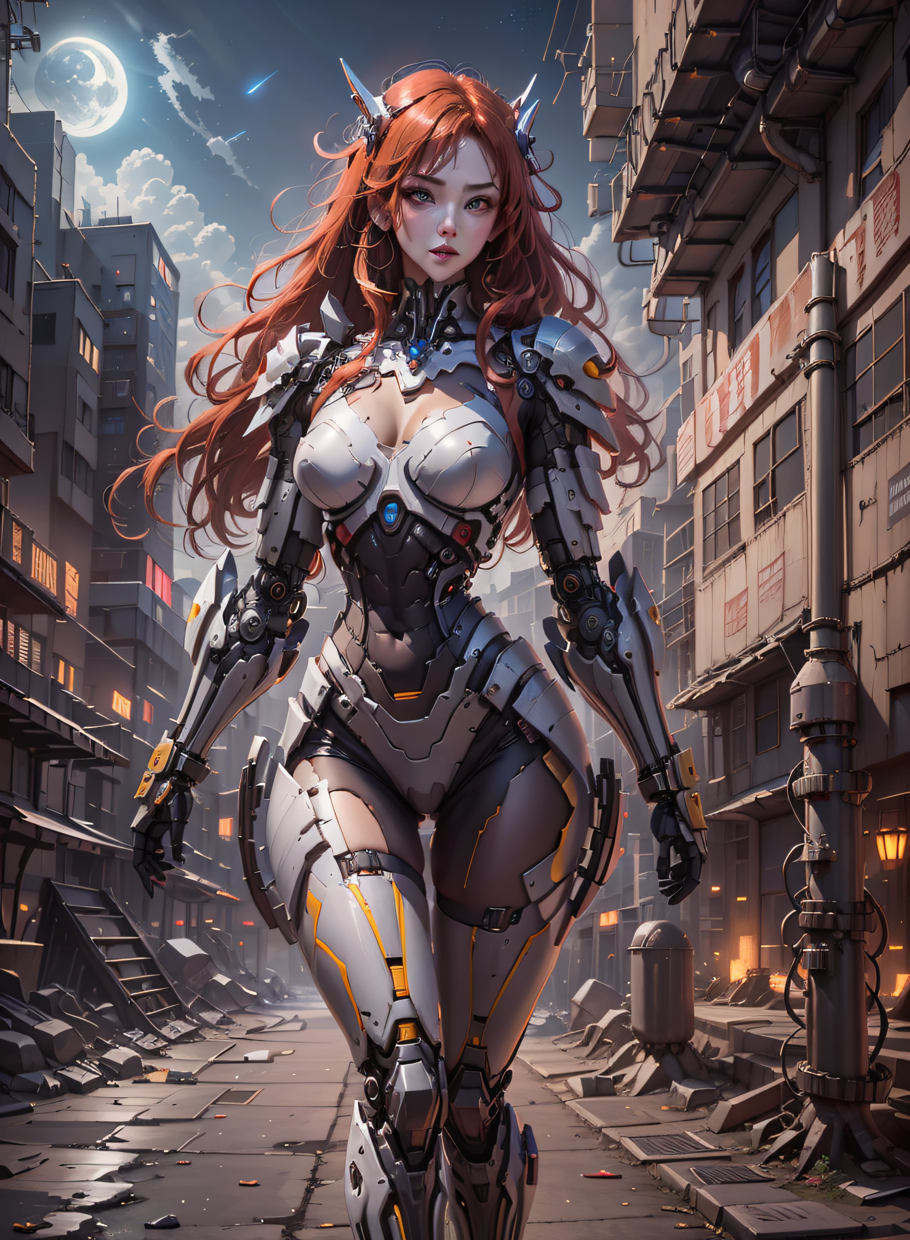 High definition (8k), Beautiful woman detailed defined body, red hair, full body sexy pose wearing conan the barbarian cosplay, medium breasts, uniform blue, red, white, yellow golden high-tech, cyberpunk, futuristic, scenery with night sky with clouds, moon,