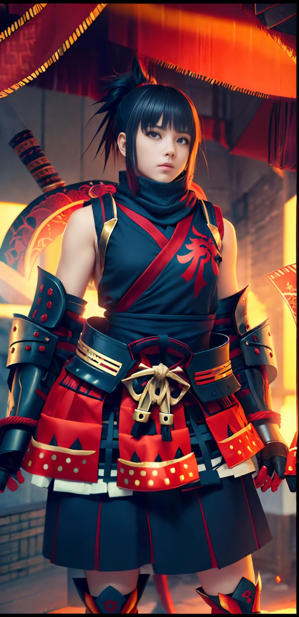 8k, 4k, (highres:1.1), (best,great,amazing quality), (masterpiece:1.3), 1girl, anime, strider, samurai, ninja, armor, ponytail, red kotes, red scarf, haidate, fumas, tassets, dark blue hair, Japanese warship, feudal