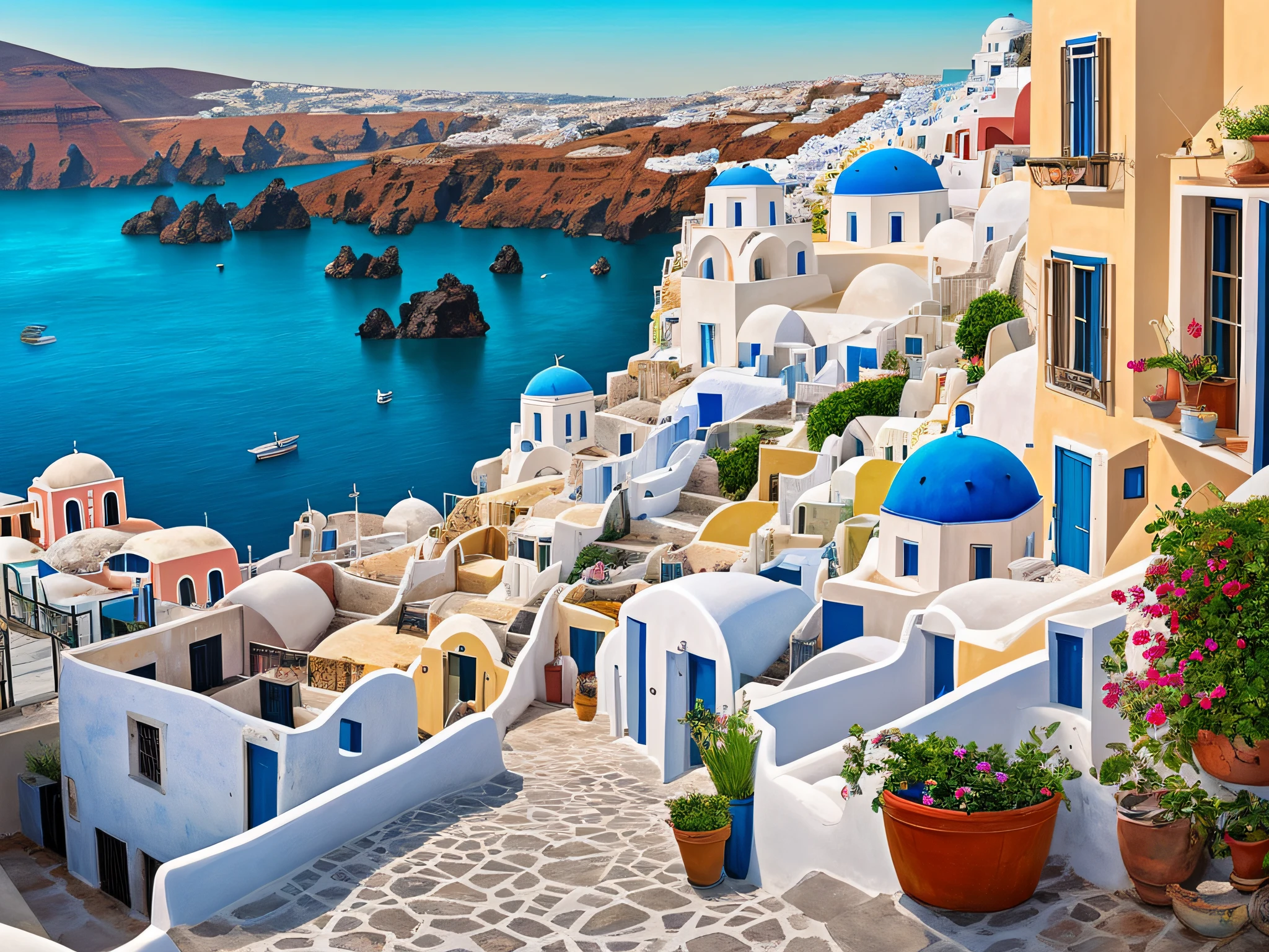 Produce a captivating oil painting-style image that embodies the timeless beauty of Santorini. Capture the essence of this Greek island paradise with a composition that emphasizes the stunning interplay between the white-washed buildings and the azure sea. Utilize an oil painting style to evoke a sense of elegance and tranquility, infusing the scene with a vibrant yet serene ambiance. The color palette should reflect the brilliance of the Aegean Sea, with shades of blue ranging from deep cobalt to delicate turquoise. Employ brushstrokes that mimic the textures and play of light on the water, creating a sense of movement and depth. Let the white-washed buildings cling to the cliffs, their architecture portrayed with careful attention to detail and a realistic touch. As the sunlight dances on the surface of the sea, evoke a mesmerizing sense of reflection and tranquility. This AI-generated artwork seeks to transport you to the idyllic shores of Santorini, where the sea meets the sky in a captivating harmony.