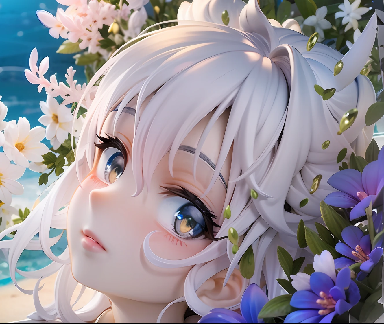 girl, white hair, short cut, white eyes, expressionless, look here, water wall, light blue swimsuit, white pattern, various flowers, water surface, waves, white skin, watercolor, pale tones, bright color palette, pastel colors