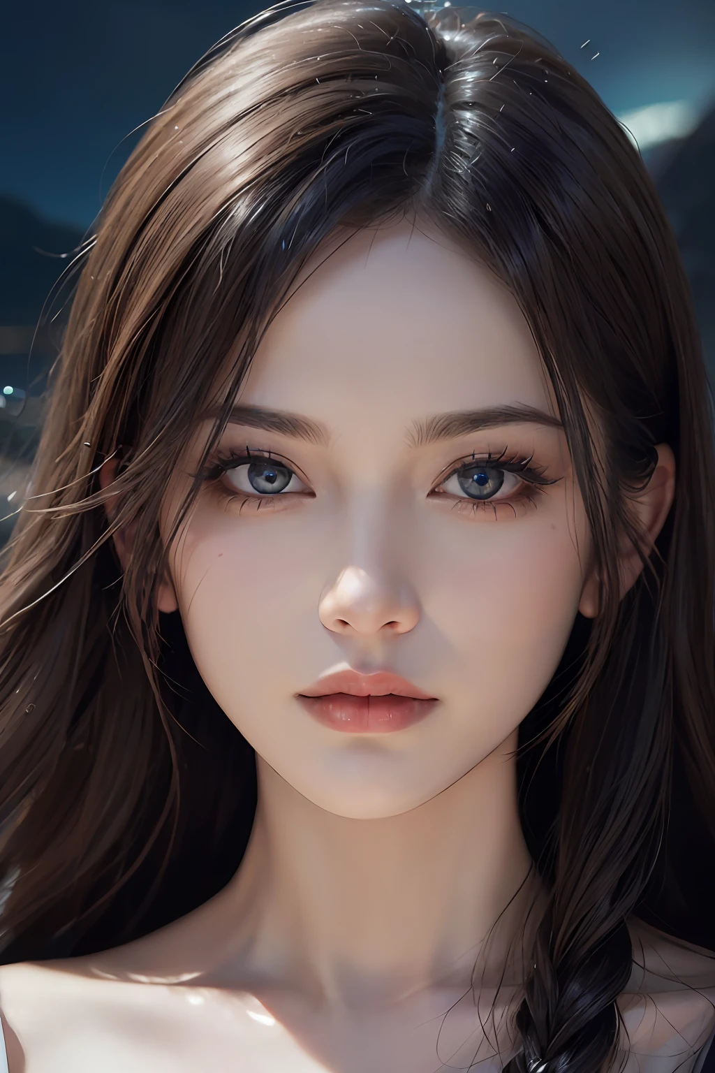(Skindent:1.5), Realistic, Photorealistic, (Masterpiece:1.5), Concept Art, Complex Detail, High Detail, Photorealistic, Octane Rendering, 8K, Unreal Engine, Dynamic Pose, Top Quality, High Resolution, (Realistic Face: 1.1), (Hyperrealistic:1.1), ((full_ body)), Perfect Eyes,(Shiny skin:1.2), ((((Hairstyle)))), (Very detailed background), ((Dynamic background)), (Rays), ((Detailed eyes, High quality eyes, High quality face)), ((Flowing Hairstyle))), Epic, Depth of Field, Bokeh, 4K, Gothic, Mountain background, Lightning, glowing blue iris, night,