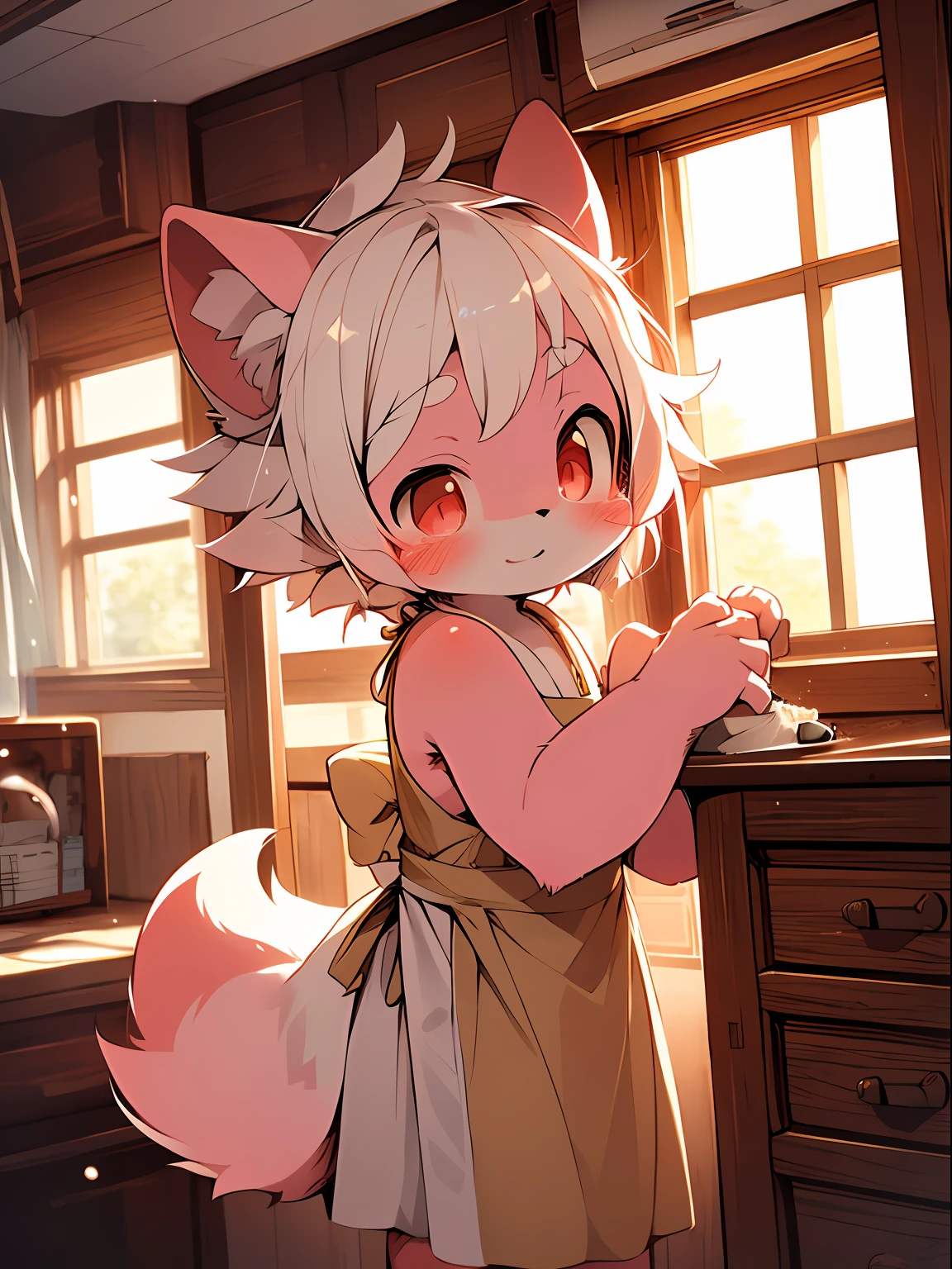 (pink fur, detailed fur, red eyes, white hair, cute), standing, master masterpiece, high resolution, 8k, detailed background, high quality, girl, female, (by Dagasi: 1.1), solo, naked apron