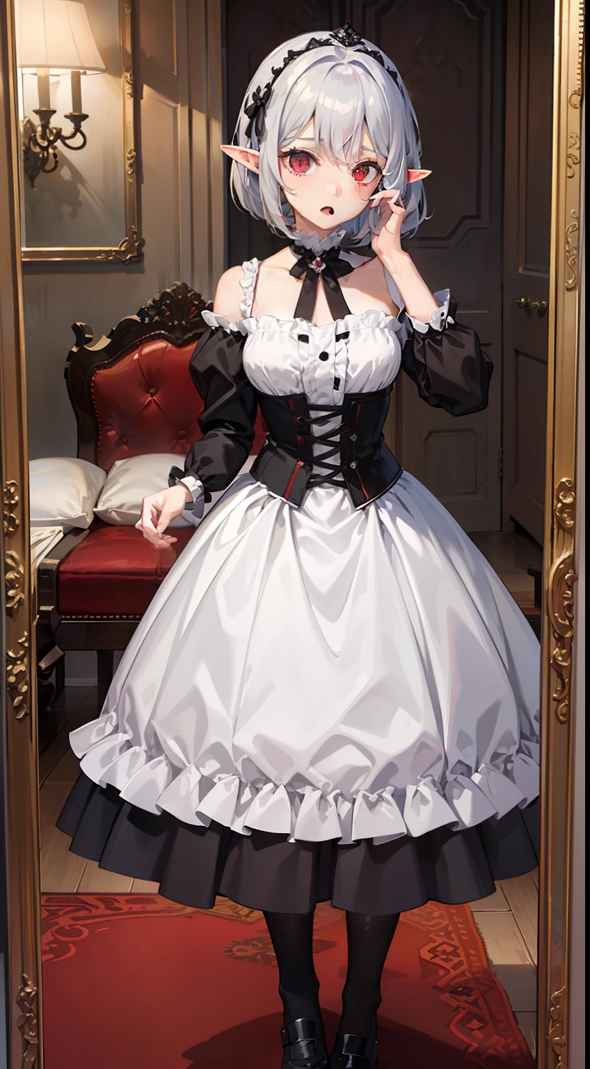 ((Put your hands on your face)), ((surprised)), (Red face), Full body of one girl, Elf, Silver hair, Red eyes, Braid hair, Bob cut, Gothic ta, Dress, Ruffles, Indoors, Mirror, TS, Concept art, Beautiful anime scene, Beautiful anime scenery, Best quality, Masterpiece, 4K