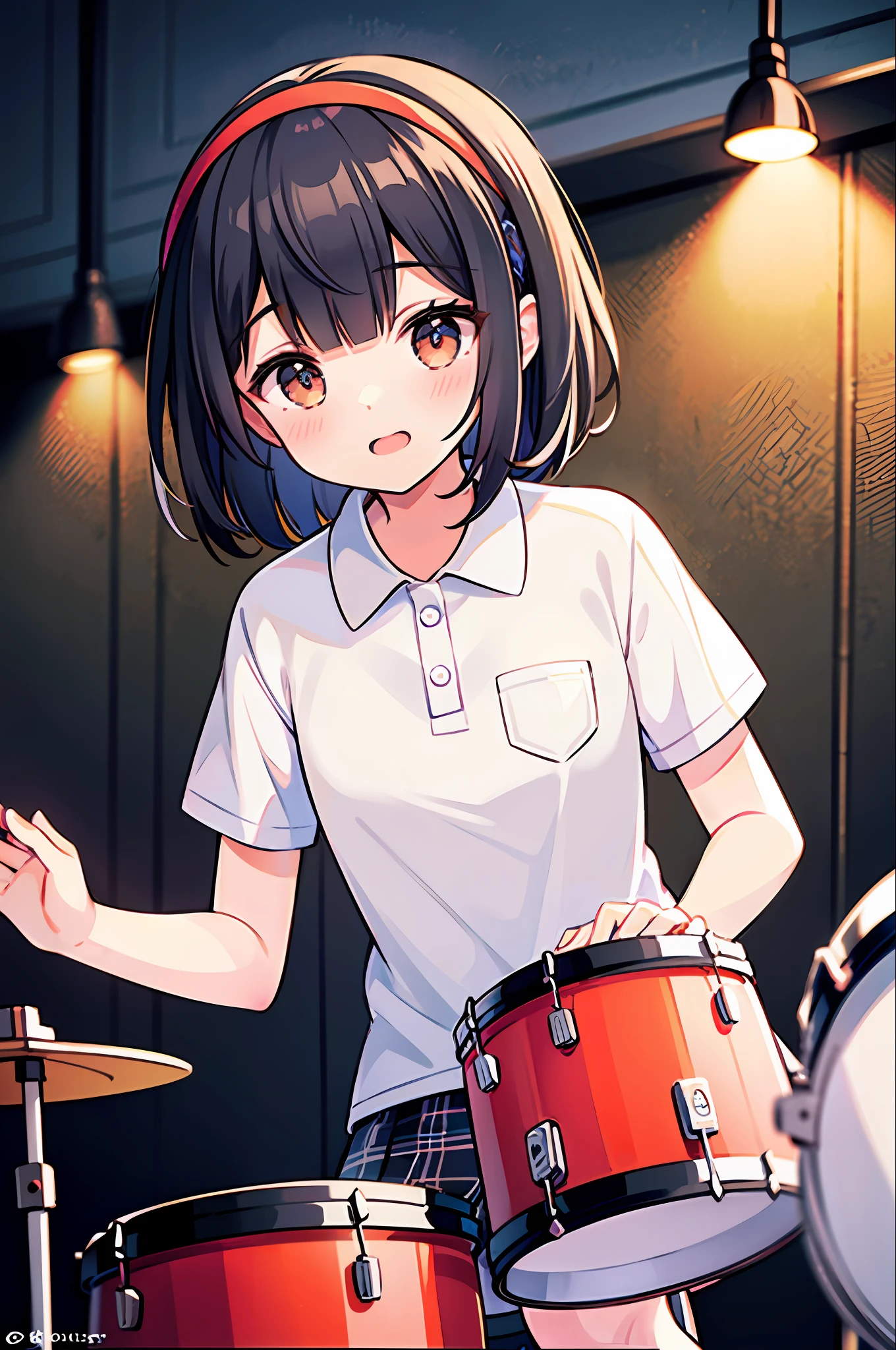 Top quality, super high resolution, girl 1 person, short hair, black hair, hair band, small, white short sleeve polo shirt, plaid skirt, band activity, drum set, playing drums, drumsticks