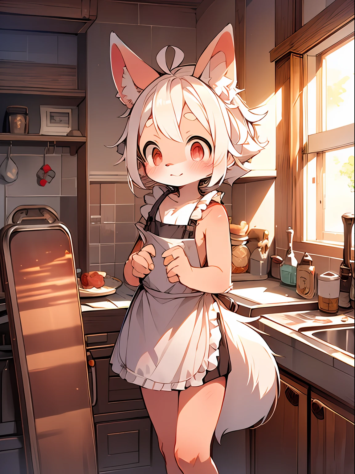(pink fur, detailed fur, red eyes, white hair, cute), standing, master masterpiece, high resolution, 8k, detailed background, high quality, girl, female, (by Dagasi: 1.1), solo, naked apron