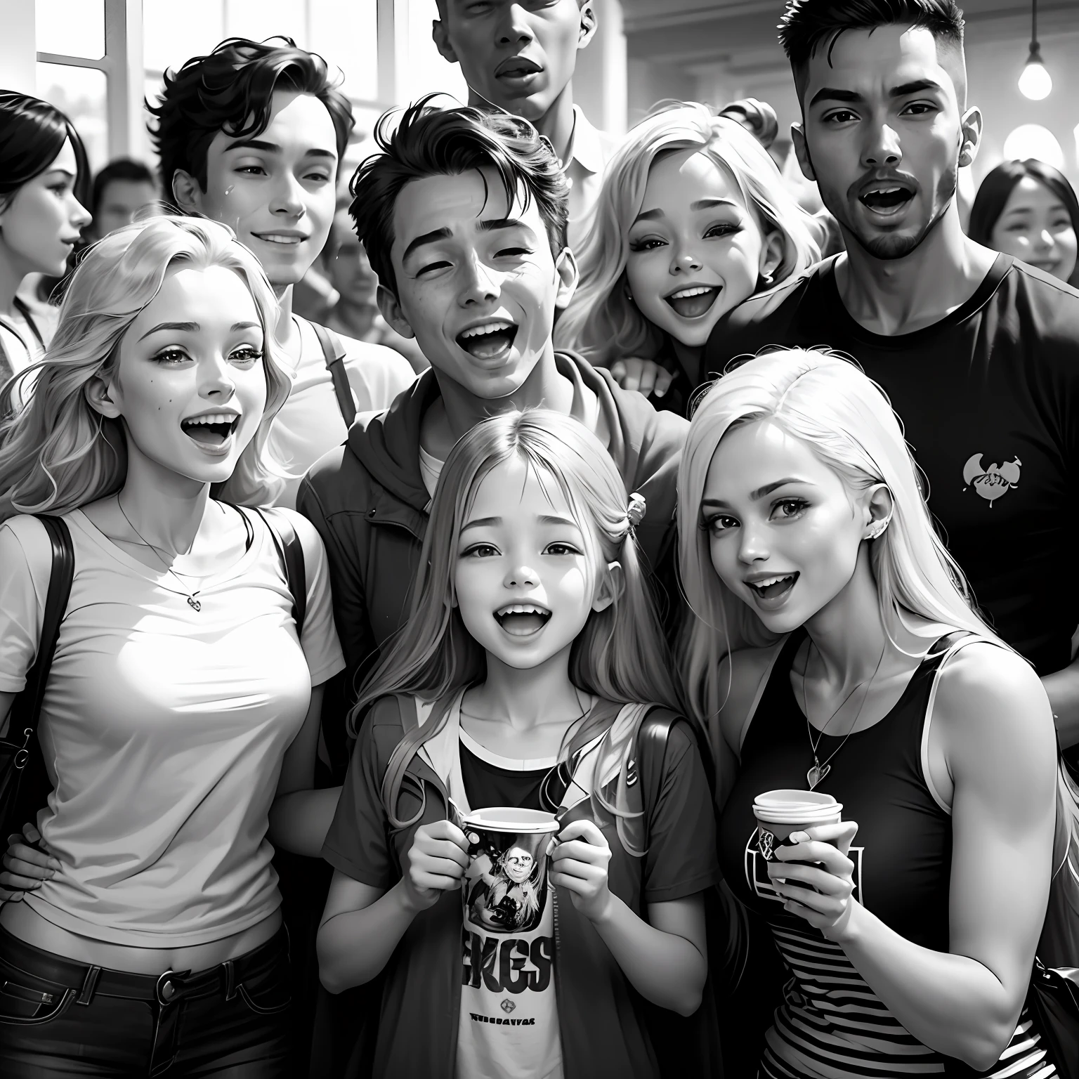 a happy and lively crowd with boys and girls of different hair colors (blonde, black, brown) and skin tones (black and white) having fun at Disney, as characters. --auto