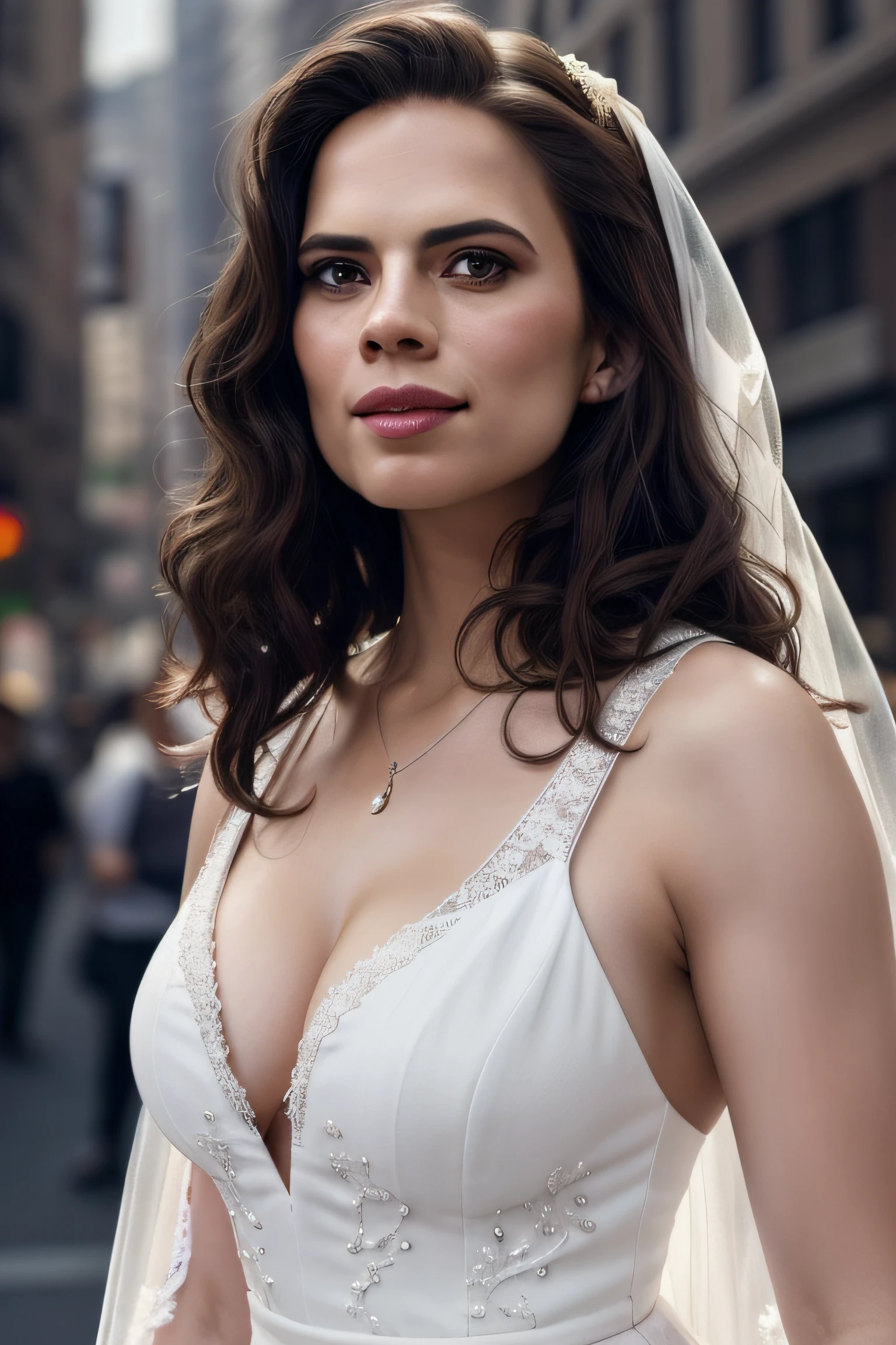 Beautiful woman, Hayley Atwell, running, wearing a (long white wedding dress), beautiful legs, (long curly hair), veil, detailed eyes, (detailed realistic face), blush, smile, highly detailed, modelshoot style, (extremely detailed CG unity 8k wallpaper), (full body shoot) photo of the most beautiful artwork in the world, downtown fashion top model, by Jeremy Mann, trending on ArtStation, trending on CGSociety, Intricate, High Detail, Sharp focus, dramatic, photorealistic painting art by midjourney