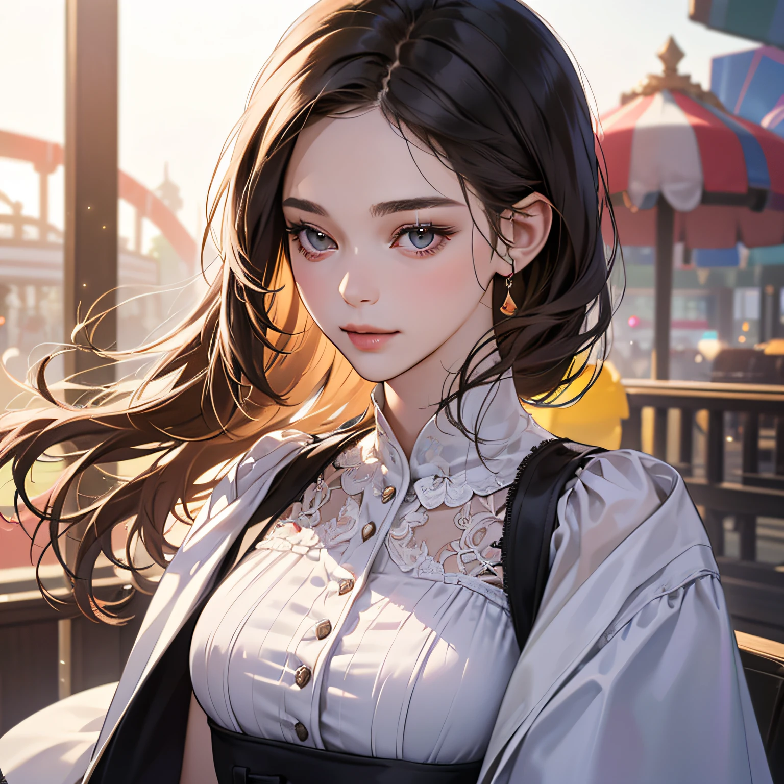 Gorgeous 25-year-old girl in an amusement park, happy, broad shoulders, clear focus (clutter - house: 0.8), (masterpiece: 1.2) (Realistic: 1.2) (Bokeh) (Best quality) (Detailed skin: 1.3) (Intricate details) (8K) (Detail eyes) (Sharp focus), (Happy) --auto