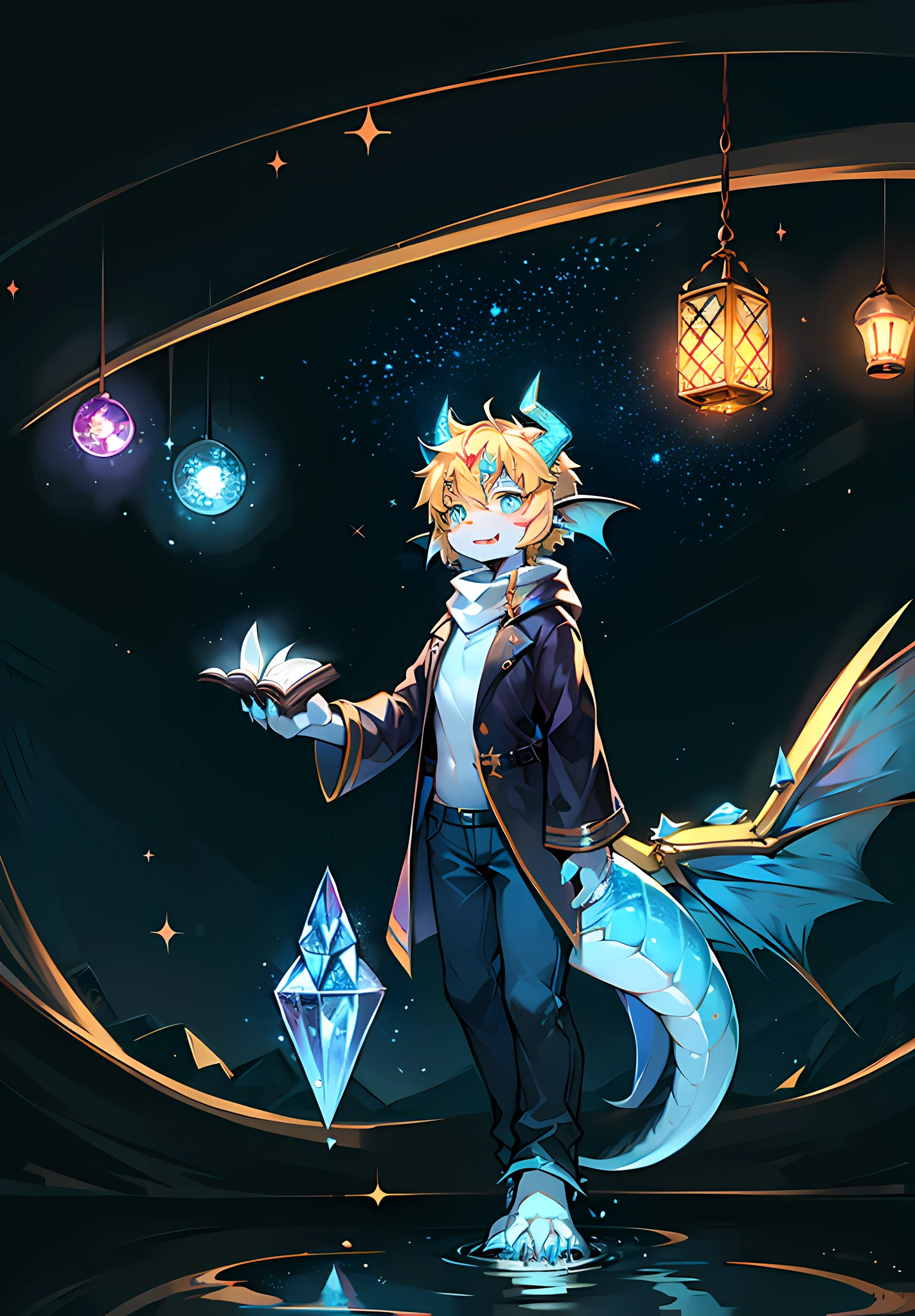 Midnight, Creek, Firefly, Blue Moon, Moonlight, Barbs, Lots of Fine Scales, Starry Sky, Crystal, Dragon Boy, Cub, White Skin, Blonde Hairstyle, Detailed Eyes, Broken Golden Vertical Pupils, Fin Ears, Golden Crystal Sparrows, Astrologer, White-Gold Hooded Sweatshirt, Blue and Black Trench Coat, Golden-Blue Streamers, Blue Pants, Blue and Beige Scarves, Firefly Lanterns, Prismatic Gemstones on the Forehead, Starry Water, Floating Spell Book, Dragon Features, Slender and Slender Fine-Scaled Tail, Crystal Spiked Tail, Slender Golden Crystal Dragon Horns, Golden-Blue Wings, Wingspan, fangs, full body gold and blue crystal scales, larger foot claws, larger hand claws, full body fine scales, glowing texture, crystal ball, starlight